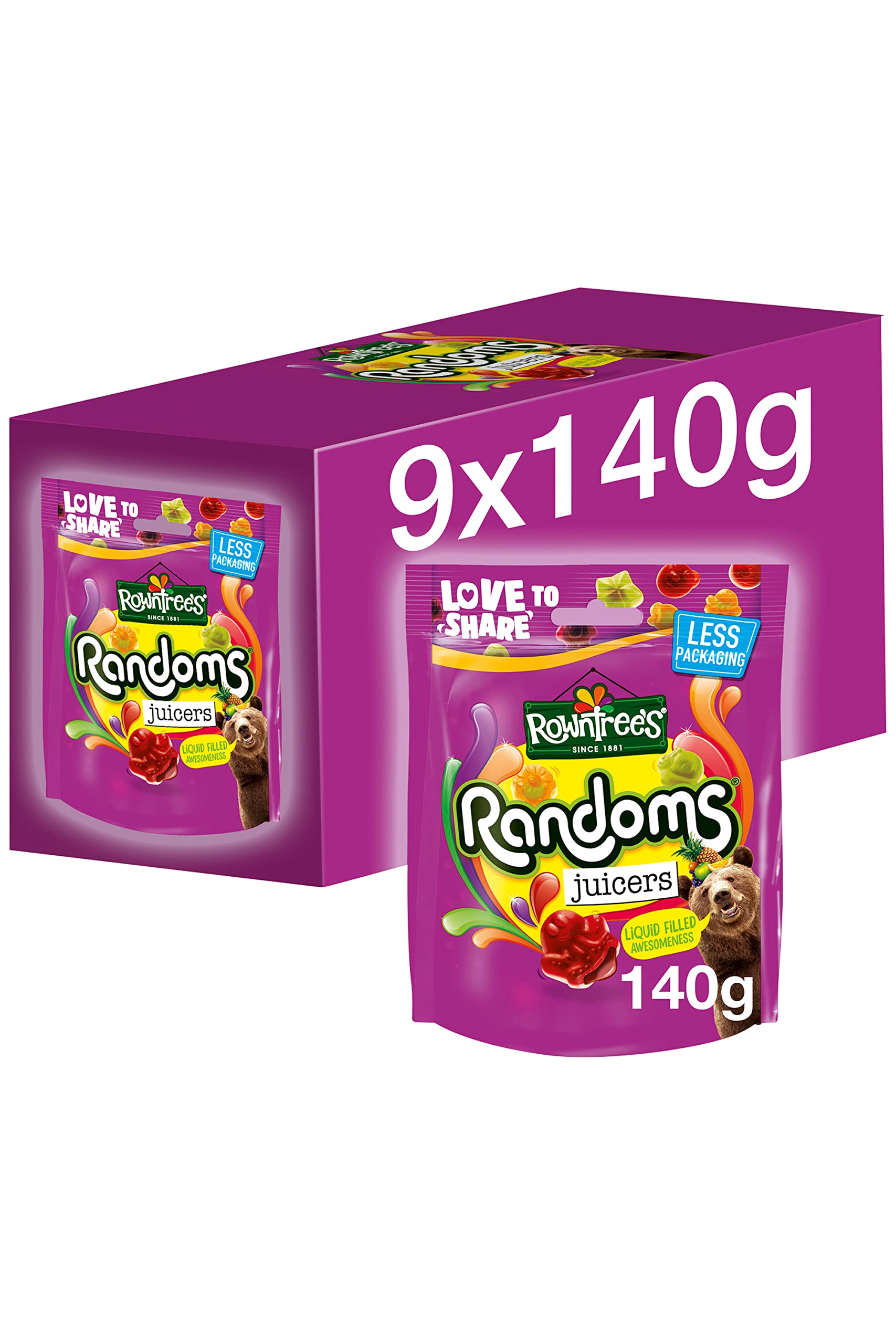 Rowntree's Randoms Juicers Sweets Sharing Bags - Juicy Liquid Center | Pack of 9 x 140g