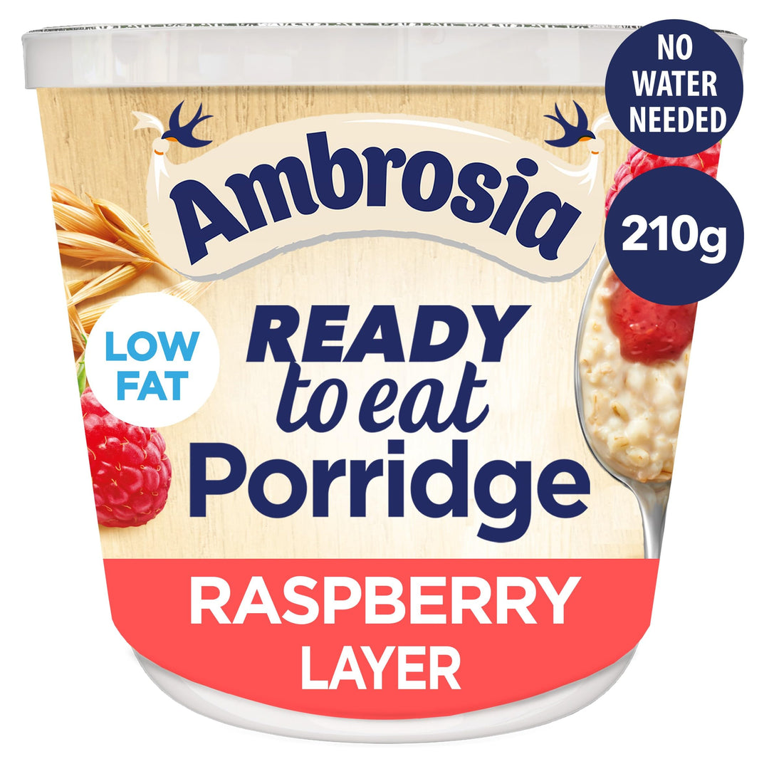 Ambrosia Raspberry Layered Porridge Pots with British Wholegrain Oats, Ready-to-Eat, 210g (Pack of 6)