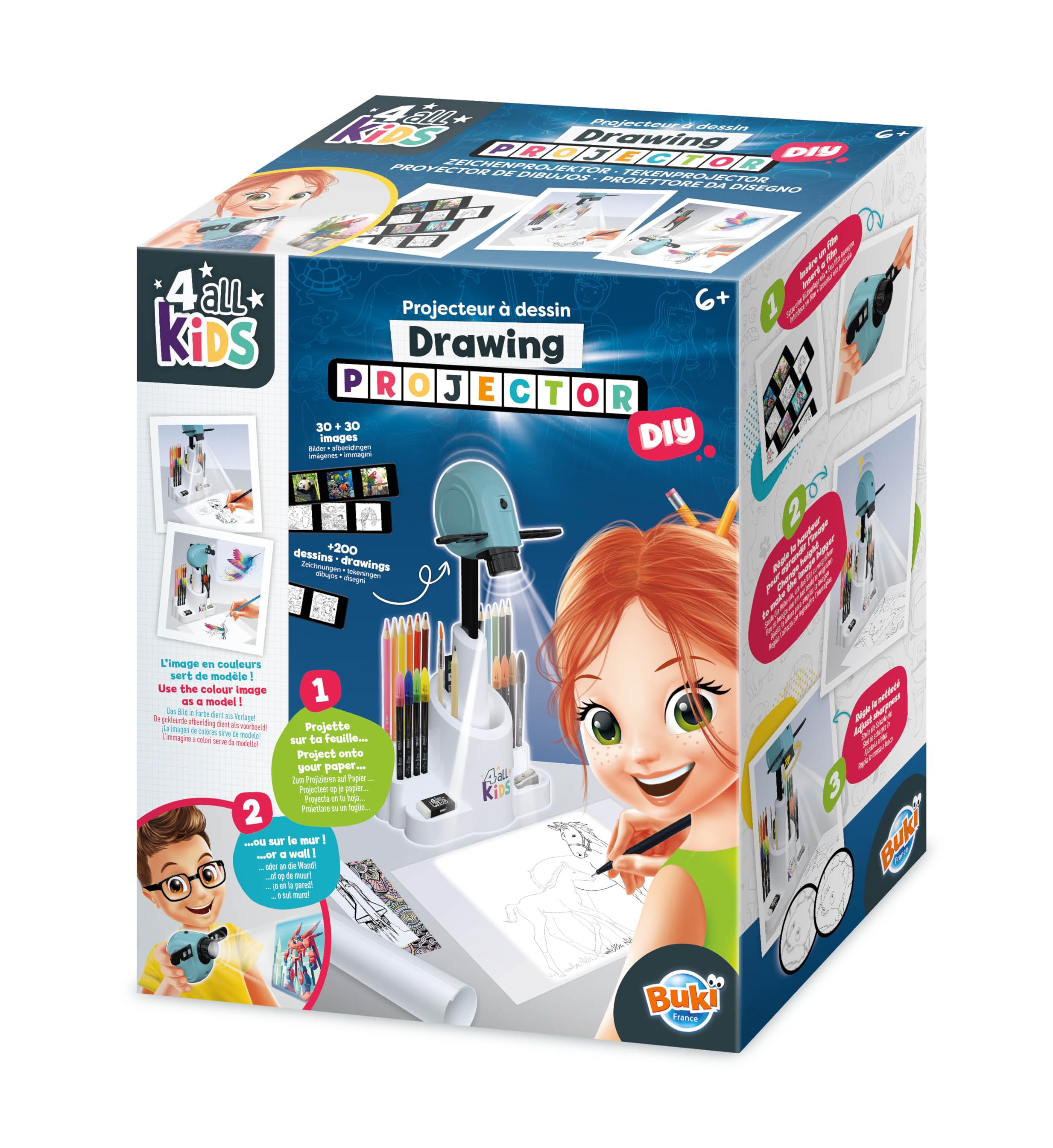 Buki France Drawing Projector - Adjustable Height & Focus, Includes 30 Images & 200 Decorations, 12 Watercolour Pencils, 8 Markers