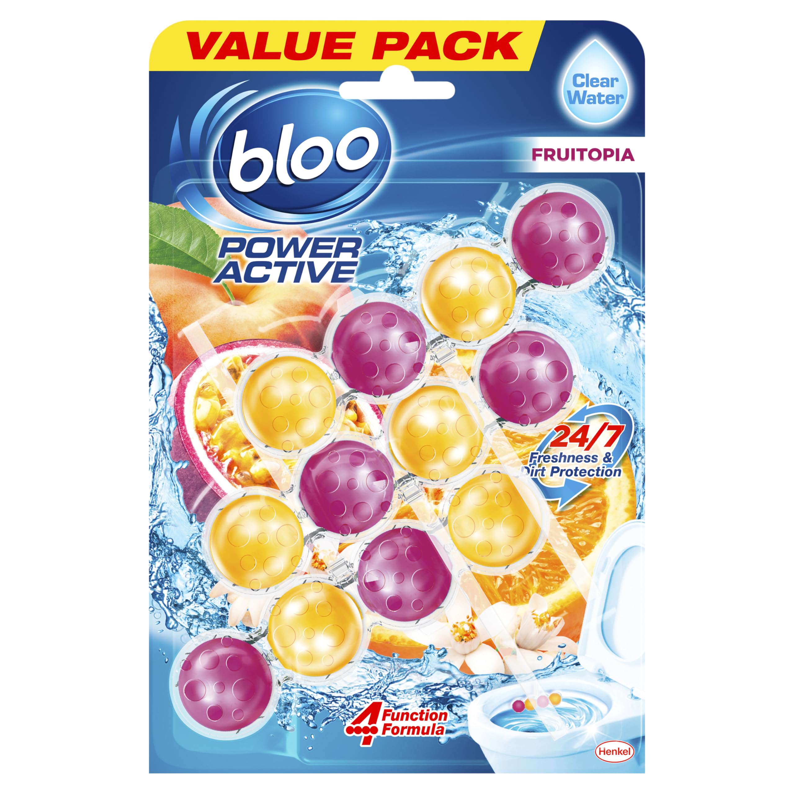 Bloo Power Active Toilet Rim Block Fruitopia (50g) - Orange & Peach Scented Freshness with Anti-Limescale Protection 1