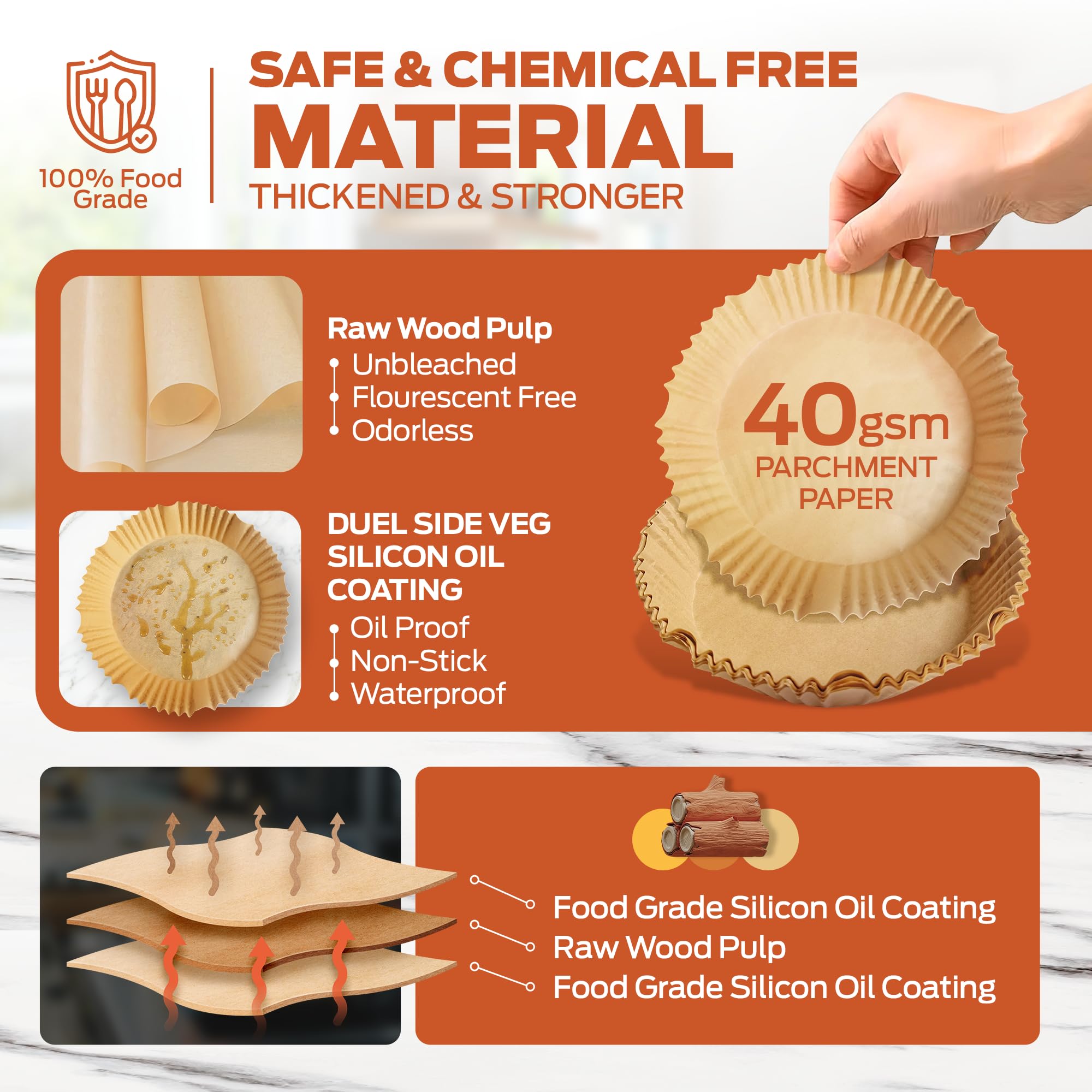 PORTENTUM Air Fryer Liners - 100PCS Disposable, Unbleached, Greaseproof Round Paper 5