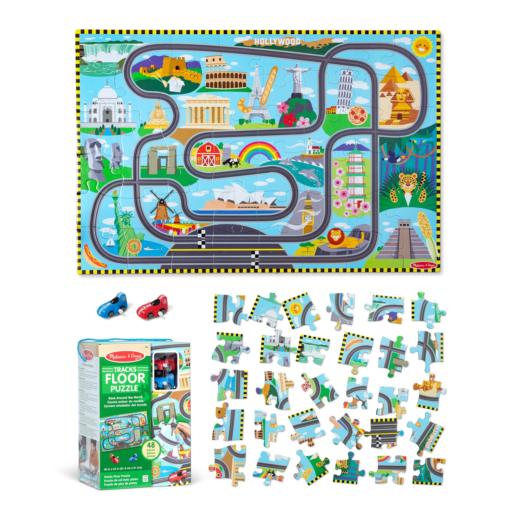 Melissa & Doug Race Around the World Floor Puzzle - 48 Pieces, Includes 2 Wind-Up Vehicles | Ages 3+ 1