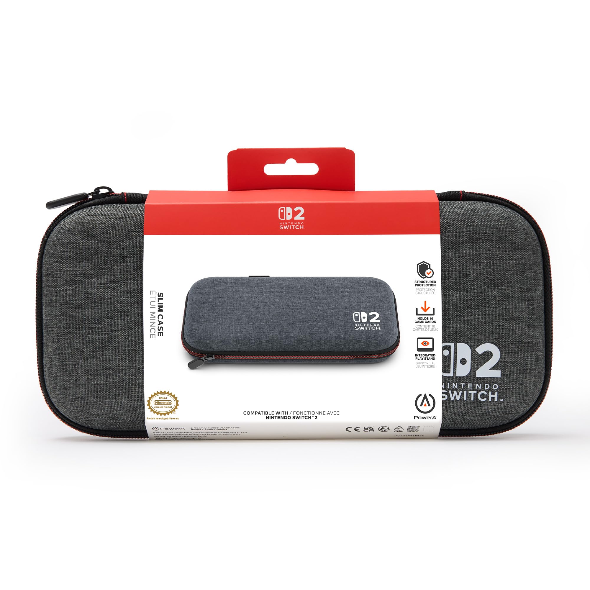 PowerA Slim Case for Nintendo Switch 2 - Grey, Officially Licensed, Holds 10 Games, Padded Screen Protector, Built-in Stand 8