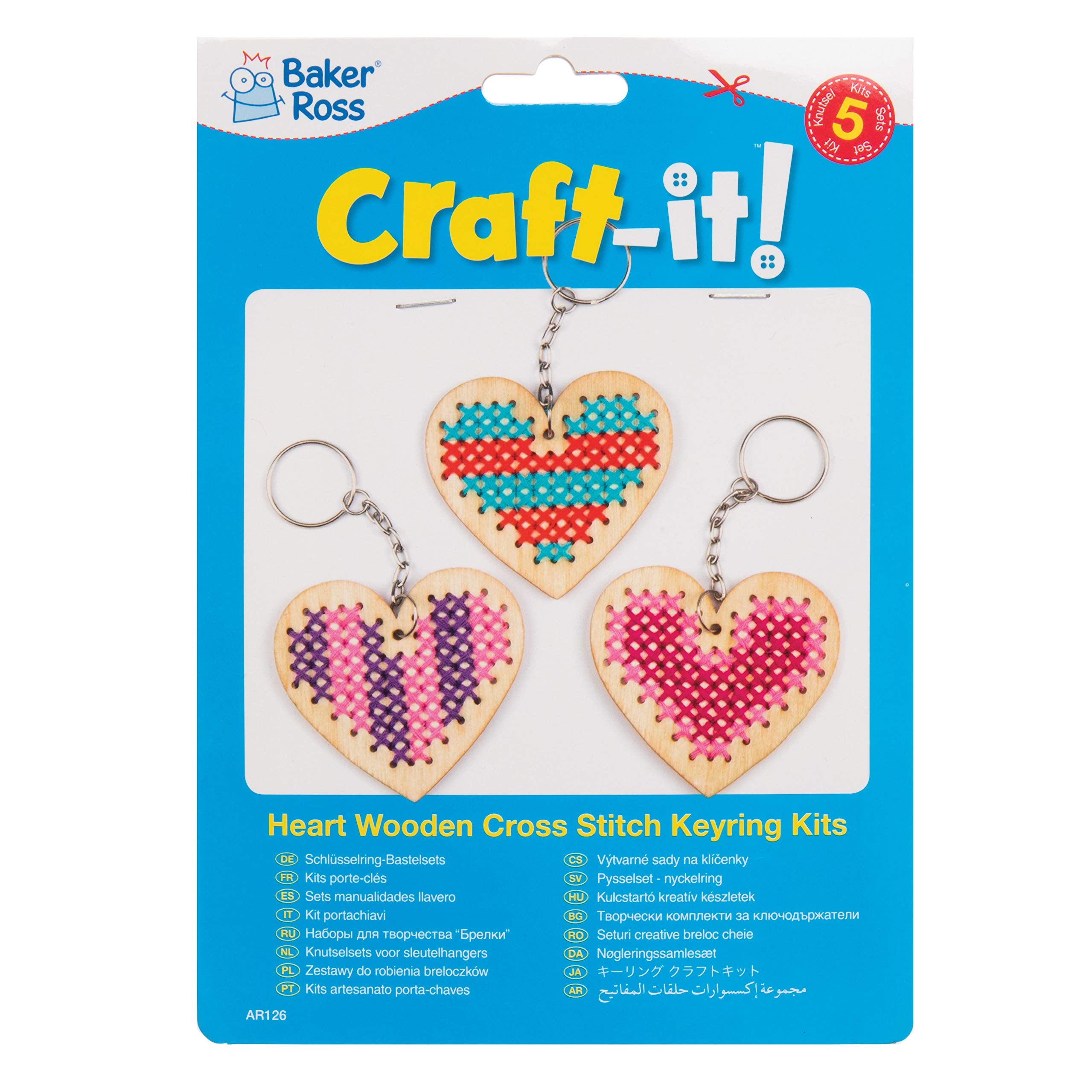 Baker Ross AR126 Wooden Heart Cross Stitch Keyring Craft Kits for Beginners (Pack of 5) 8