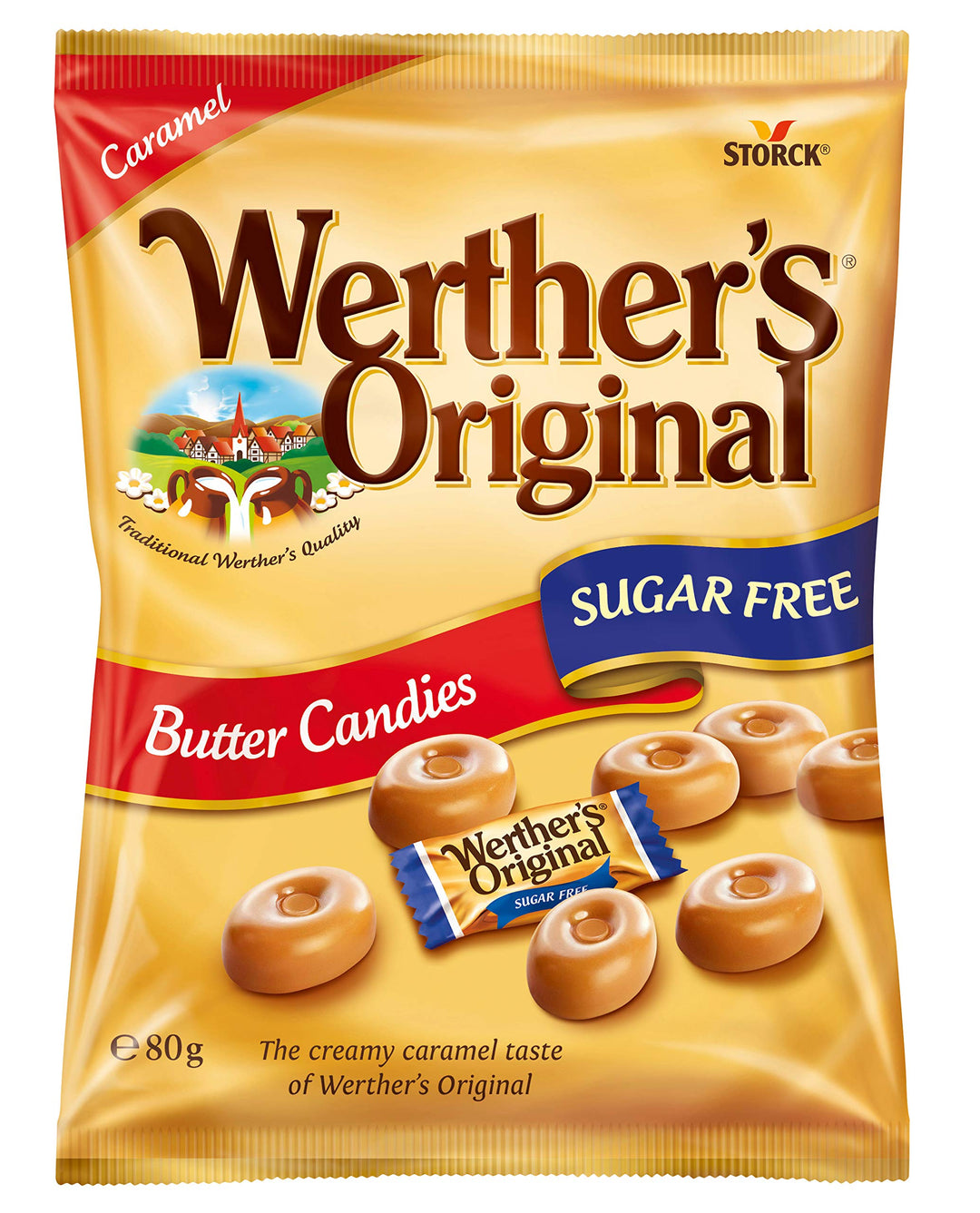 Werther's Original - Sugar-Free Butter Candies Classic Caramel Flavour, Gluten-Free & Vegetarian, 80 g (Pack of 18)