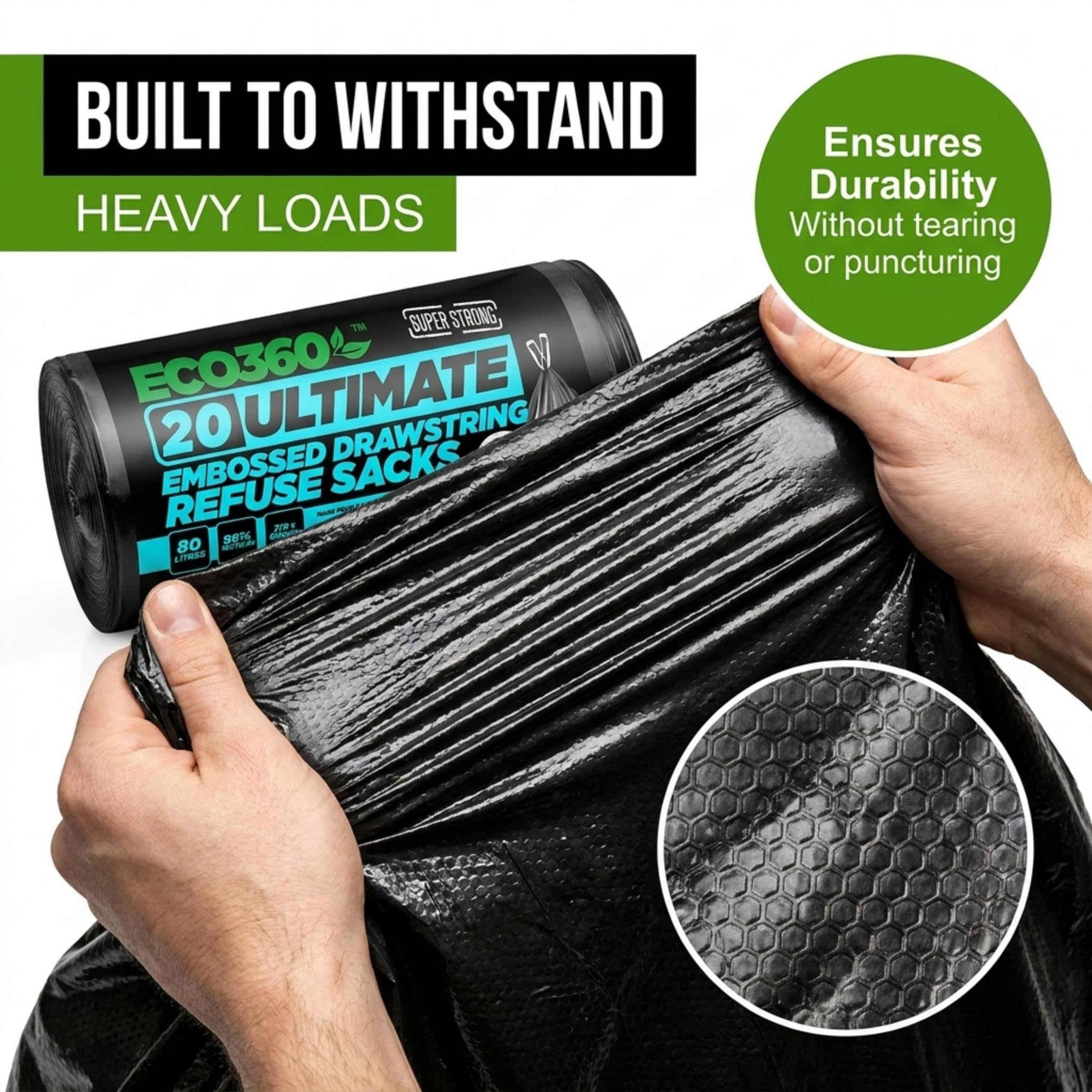 EcoBag Ultimate Embossed Drawstring Bin Liners - 80L Capacity, Heavy Duty, Recycled Material | 10 Count 5