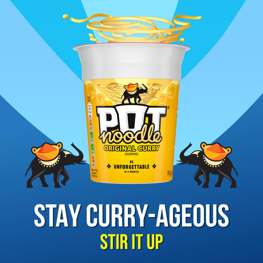 Pot Noodle Original Curry Flavour, 90g Pot, Pack of 12 – Quick Vegetarian Instant Noodles with Mango Chutney Sachet