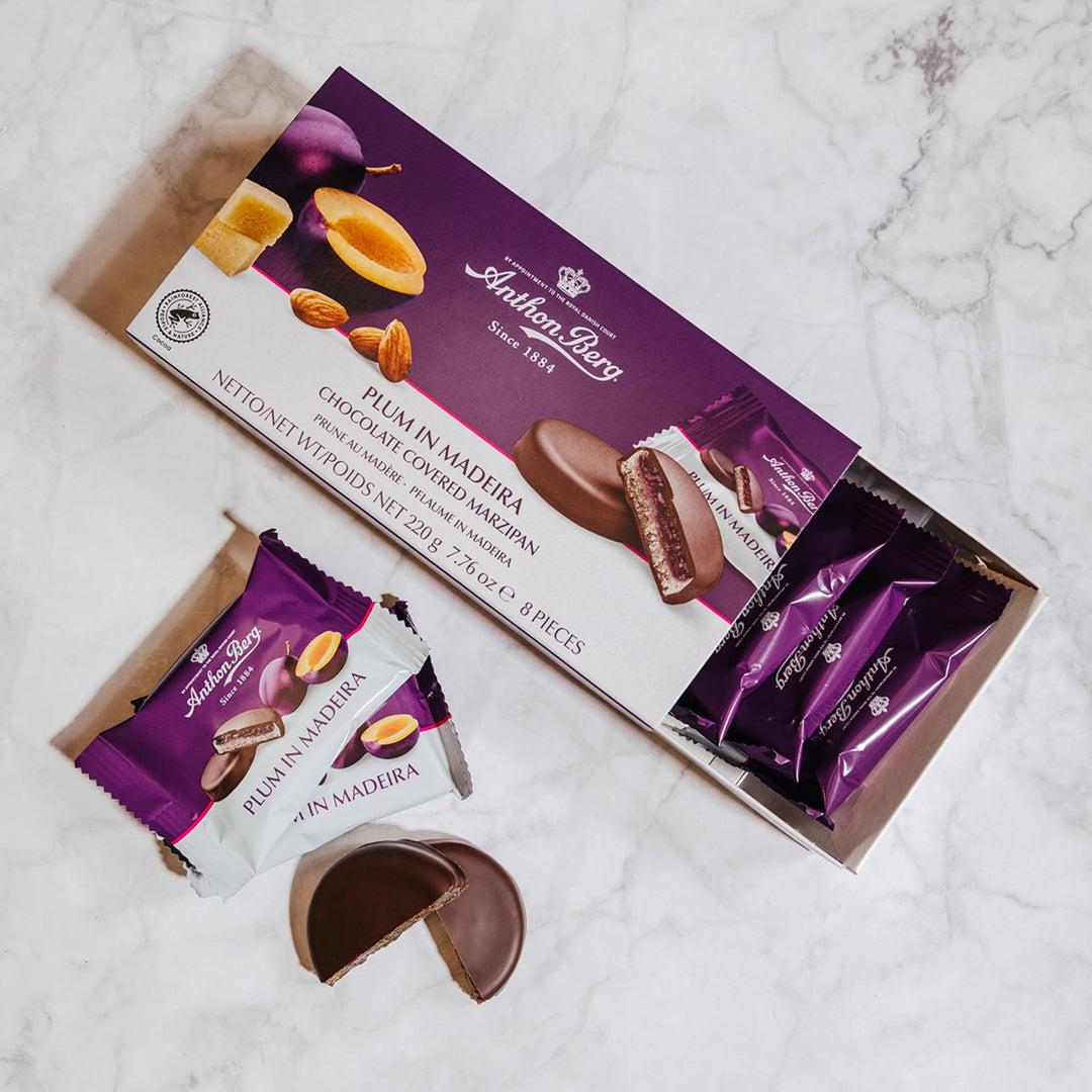 Anthon Berg Dark Chocolate Covered Marzipan Treats with Plum in Madeira 220g