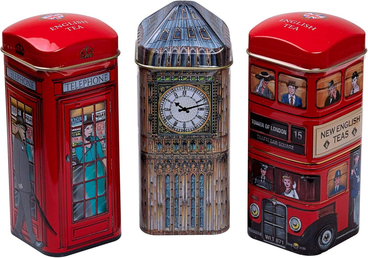 New English Teas Traditional English Tea Triple Tin Gift Set - Big Ben, London Bus & Red Phone Box