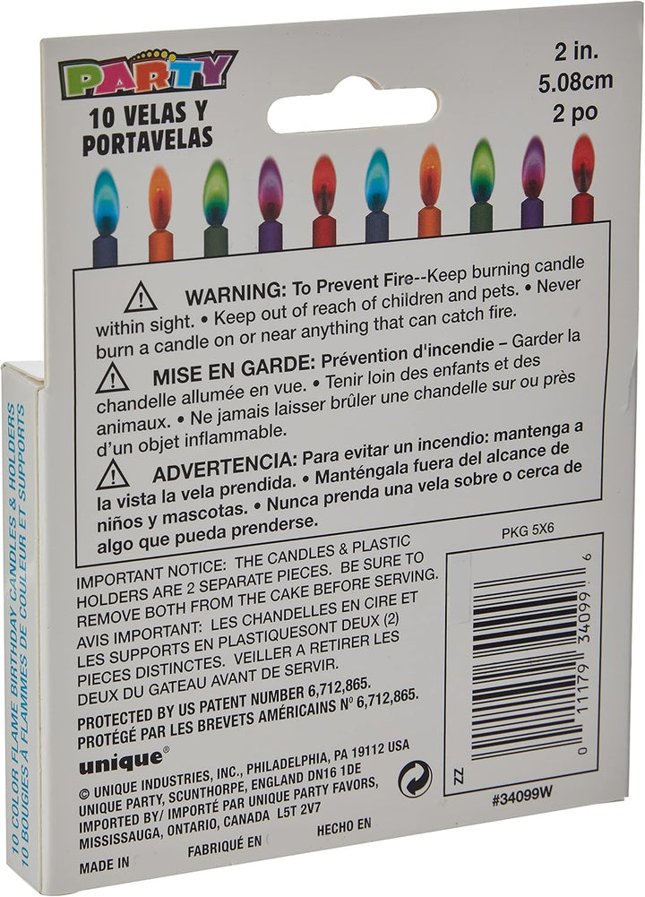 Unique Party 34099 - Coloured Flame Birthday Candles with Holders, Pack of 10