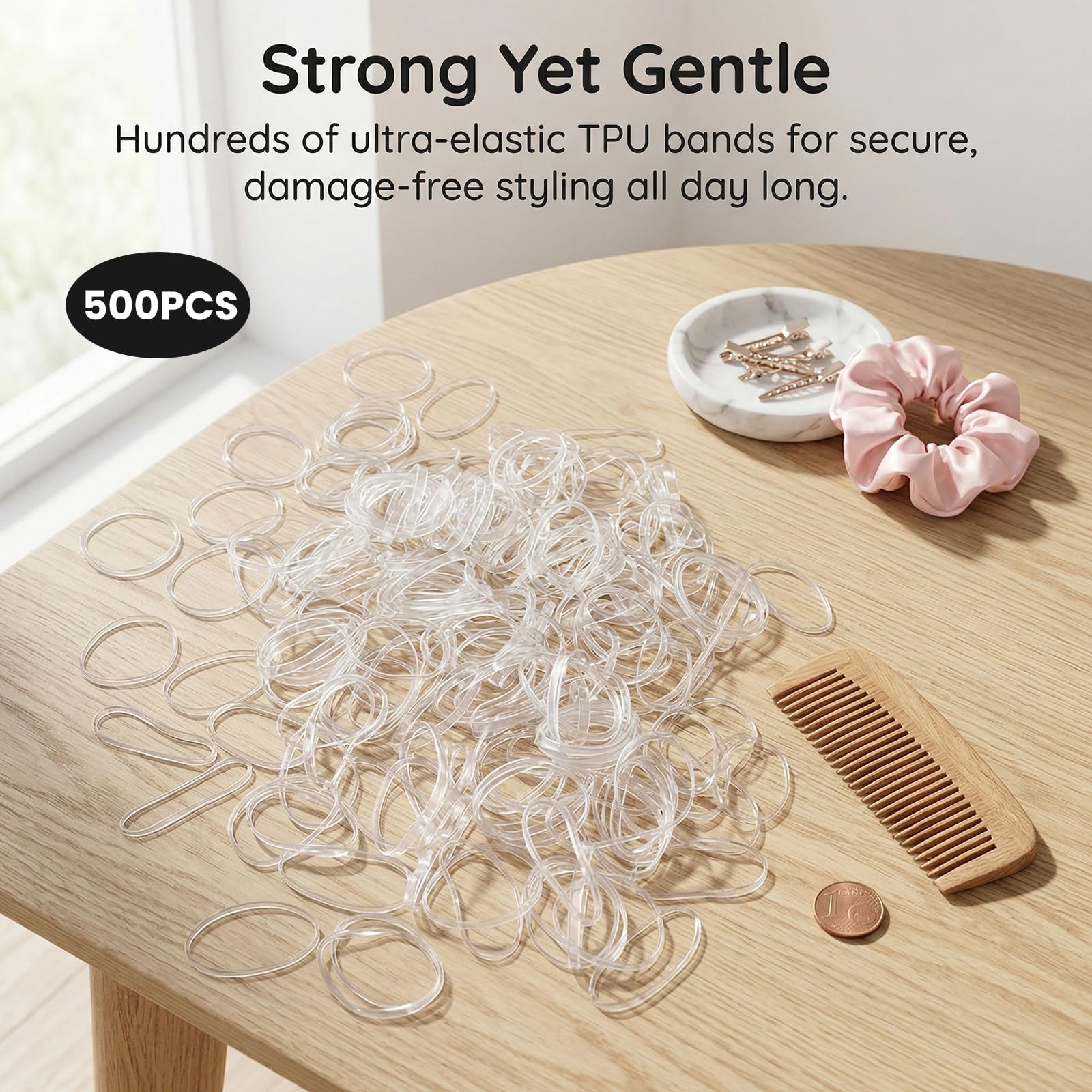 Admygo 500 Pcs Clear Thin Hair Elastics - Slim 0.2cm, Super Stretch for Girls & Women