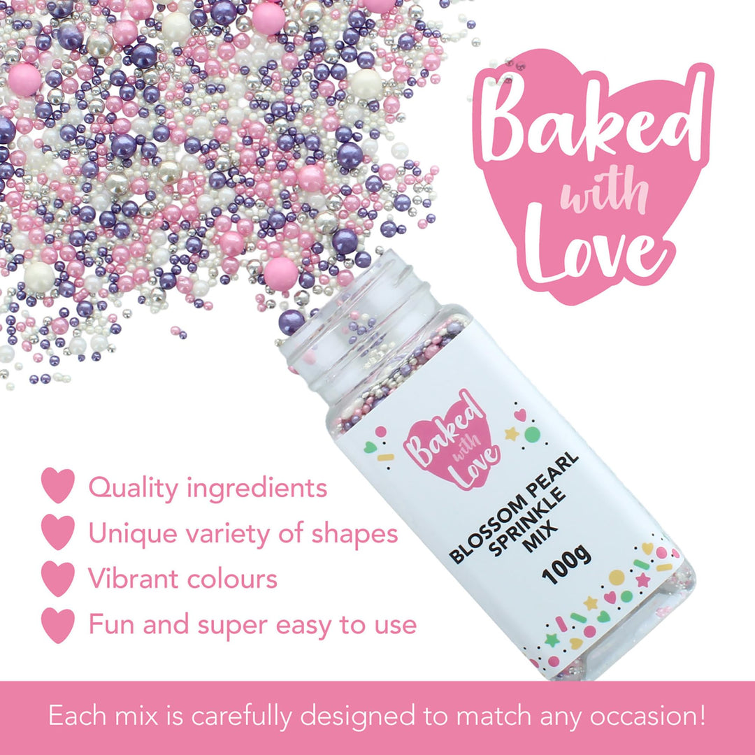 Baked with Love - Blossom Pearl Sprinkles Edible Cake Decorations | 100g | Pink, Purple, Silver