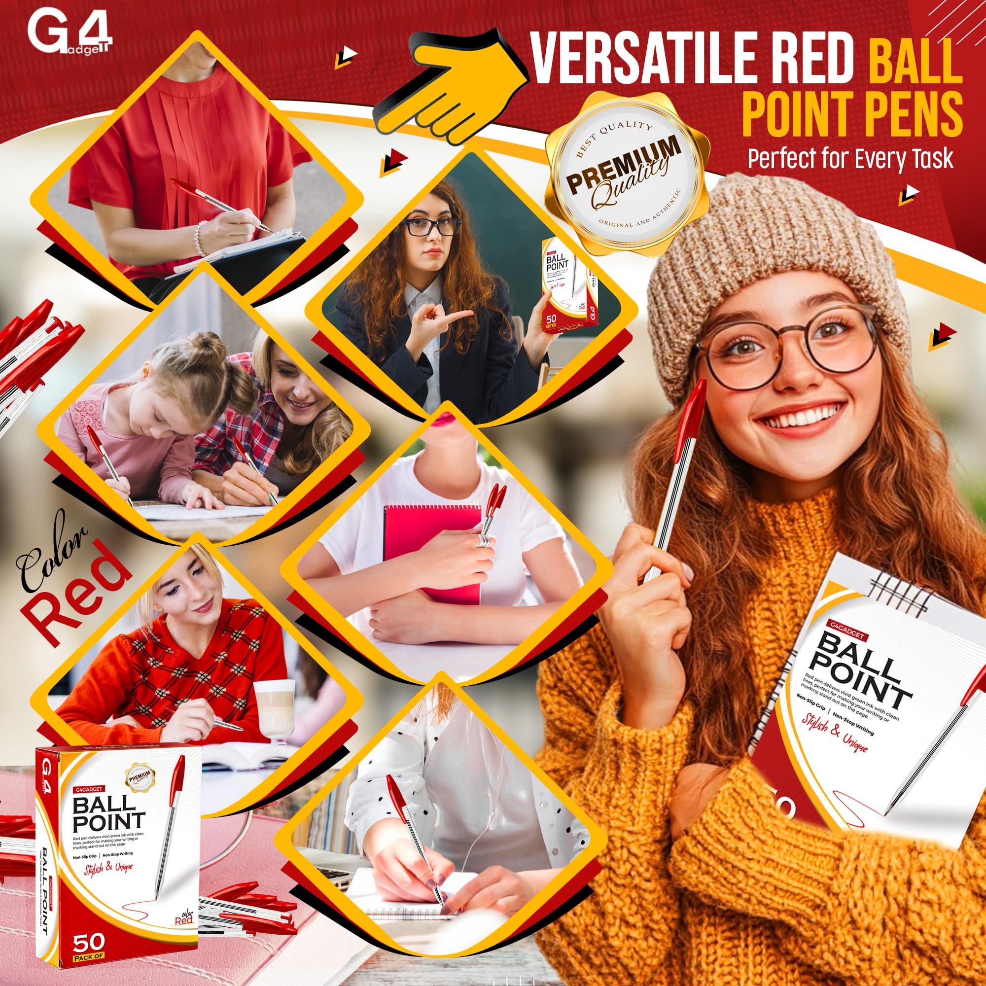 G4GADGET 50 Pack Stick Ballpoint Pens - Bold Red Ink, Medium Point, Lightweight | 0.5mm-0.7mm Line 4