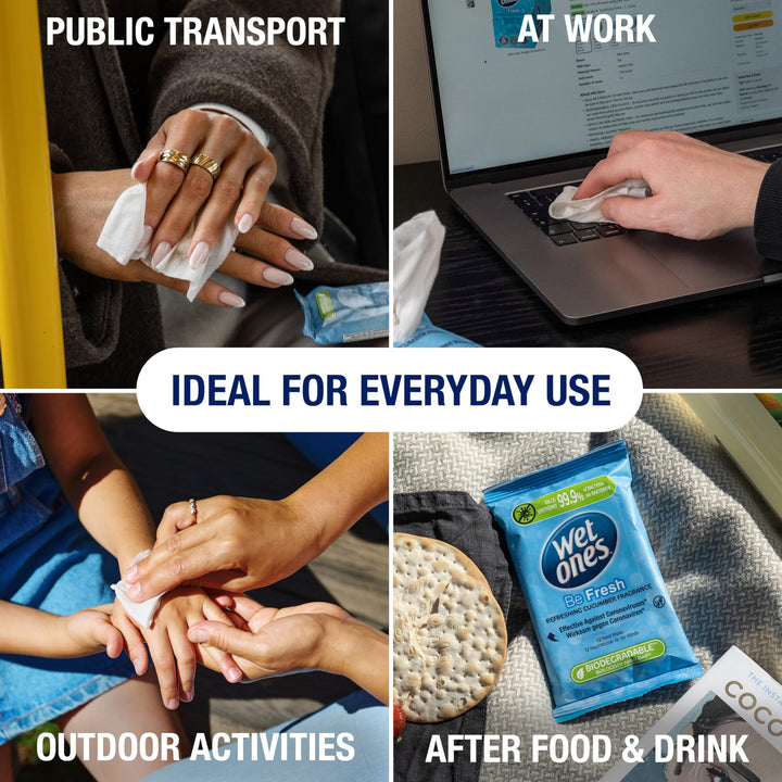 Wet Ones - Be Fresh Antibacterial Pocket Hand Wipes - Plastic Free, Biodegradable - 12 Packs x 12 Wipes (144 Total)