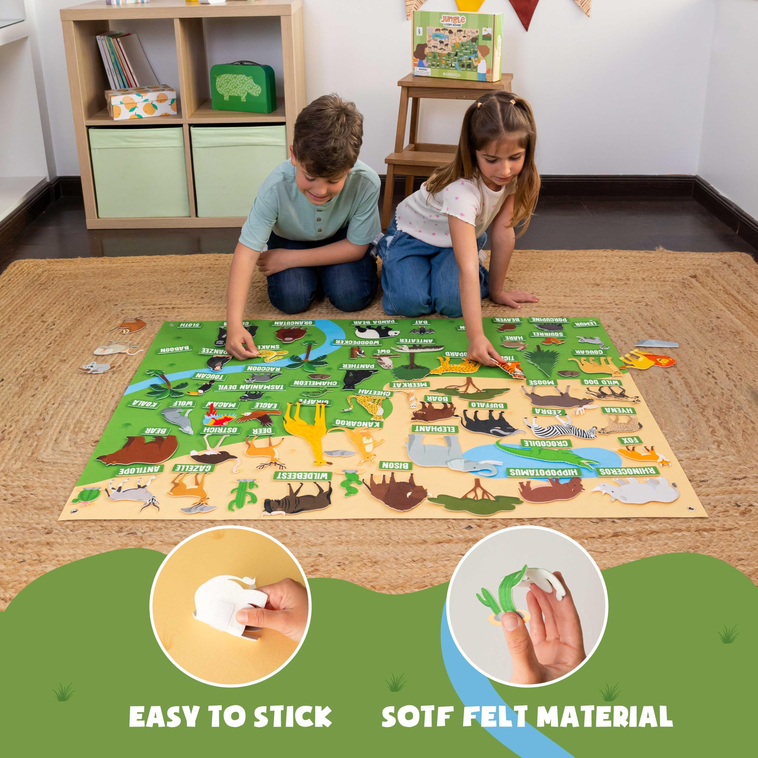 BONNYCO Jungle Animals Felt Board - 116 Pieces | Montessori Learning Toy | Ages 3+ 6