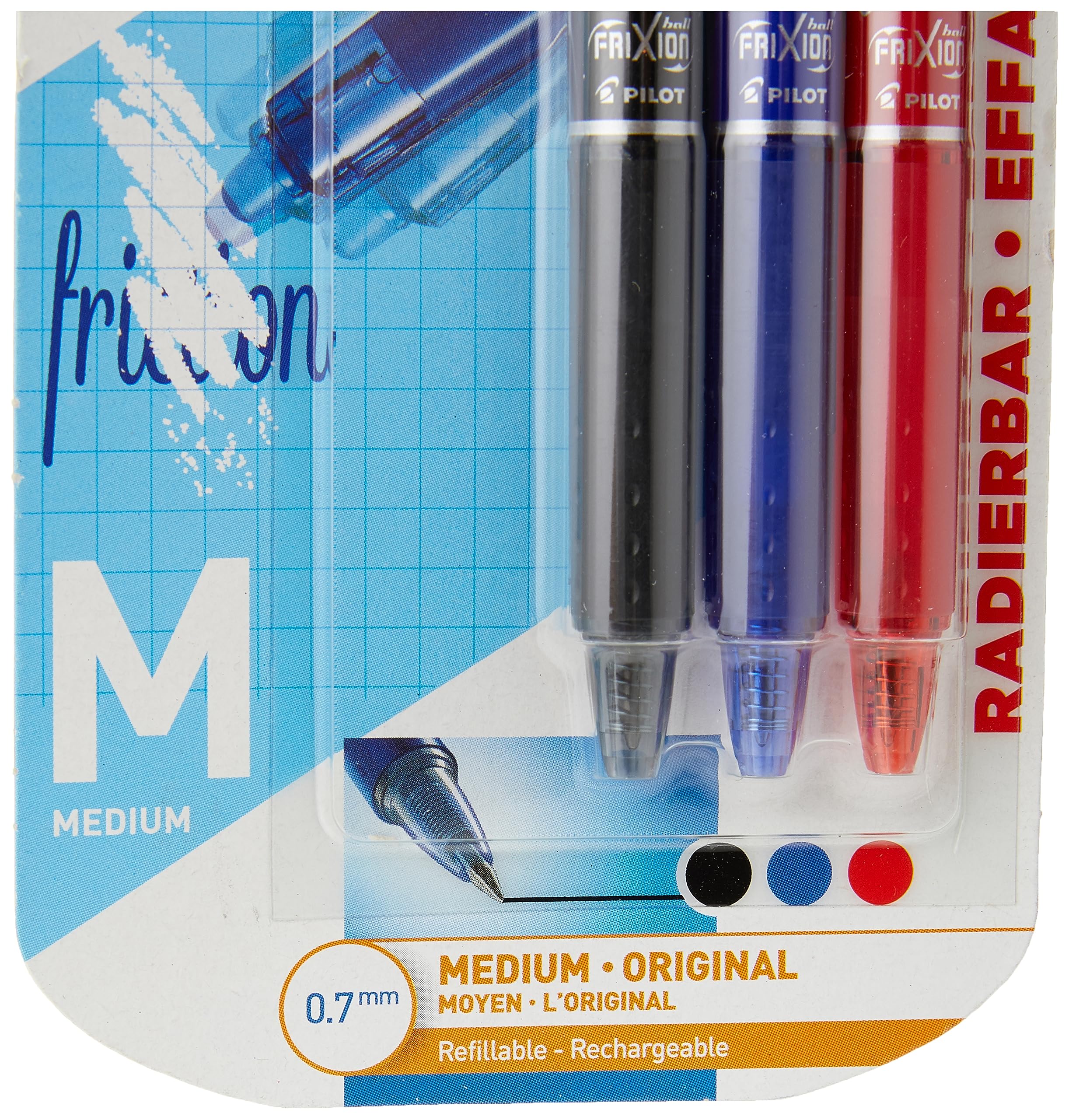 PILOT Frixion Clicker Retractable Erasable Rollerball Pen - 0.7 mm Tip | Pack of 3 Black/Blue/Red