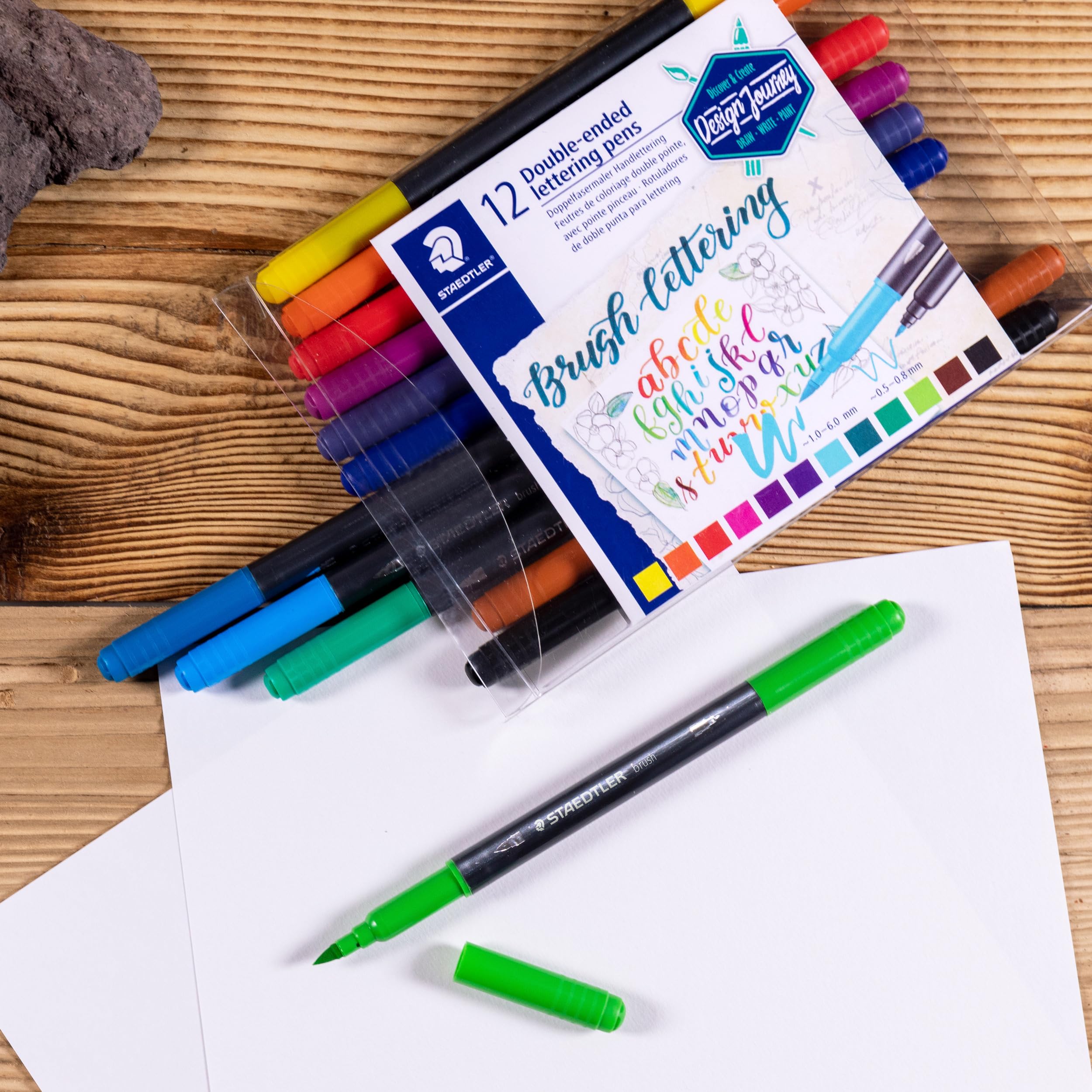 STAEDTLER Design Journey Double-Ended Brush Lettering Pens - 12 Bright Colors | 0.5-6.0mm Line Width