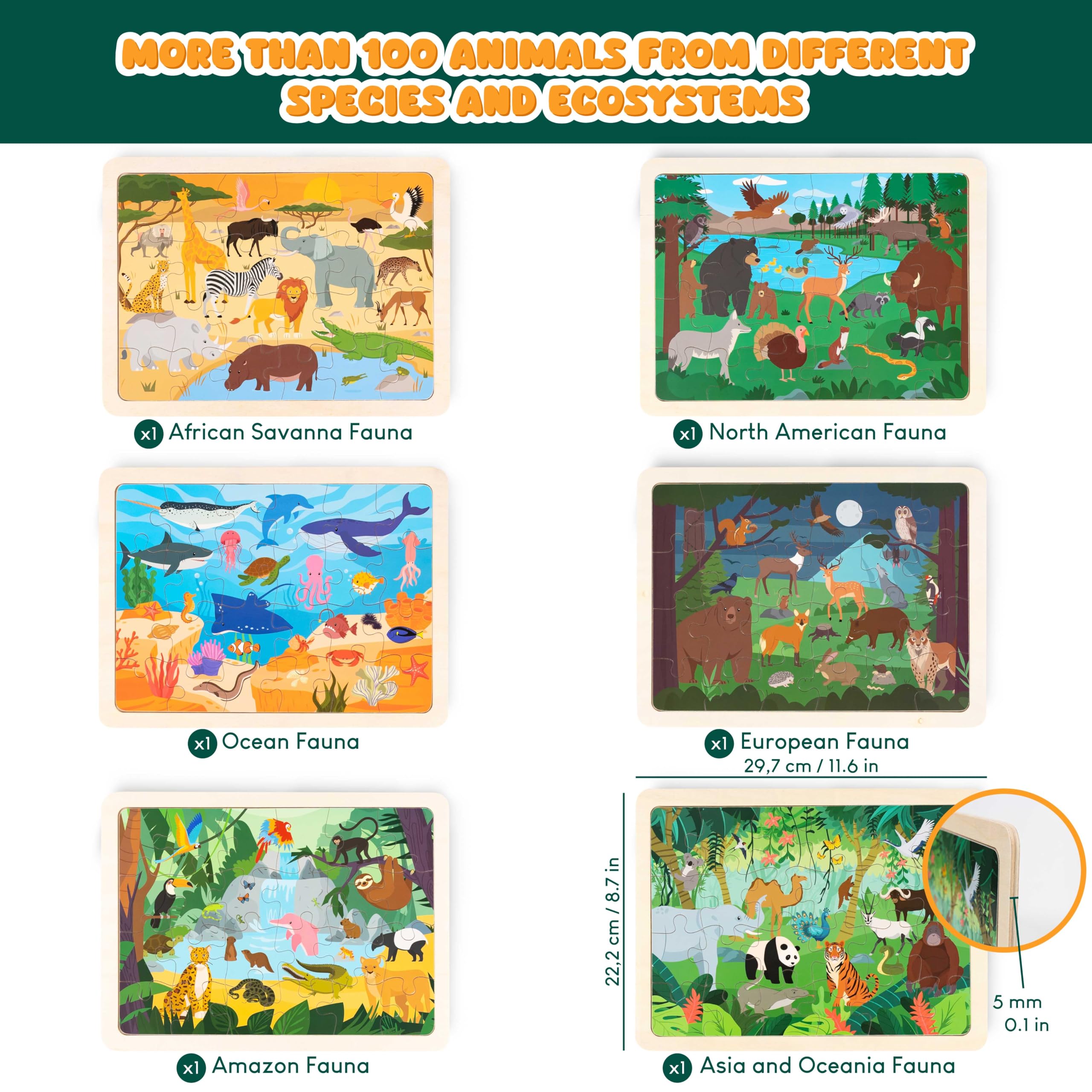 BONNYCO 6 Set Wooden Puzzles - 24 Pieces Each, Animals from Around the World | Educational Toy | Ages 2+ 2