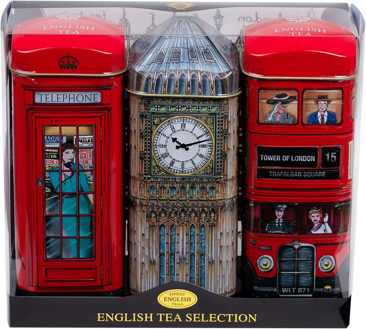 New English Teas Traditional English Tea Triple Tin Gift Set - Big Ben, London Bus & Red Phone Box