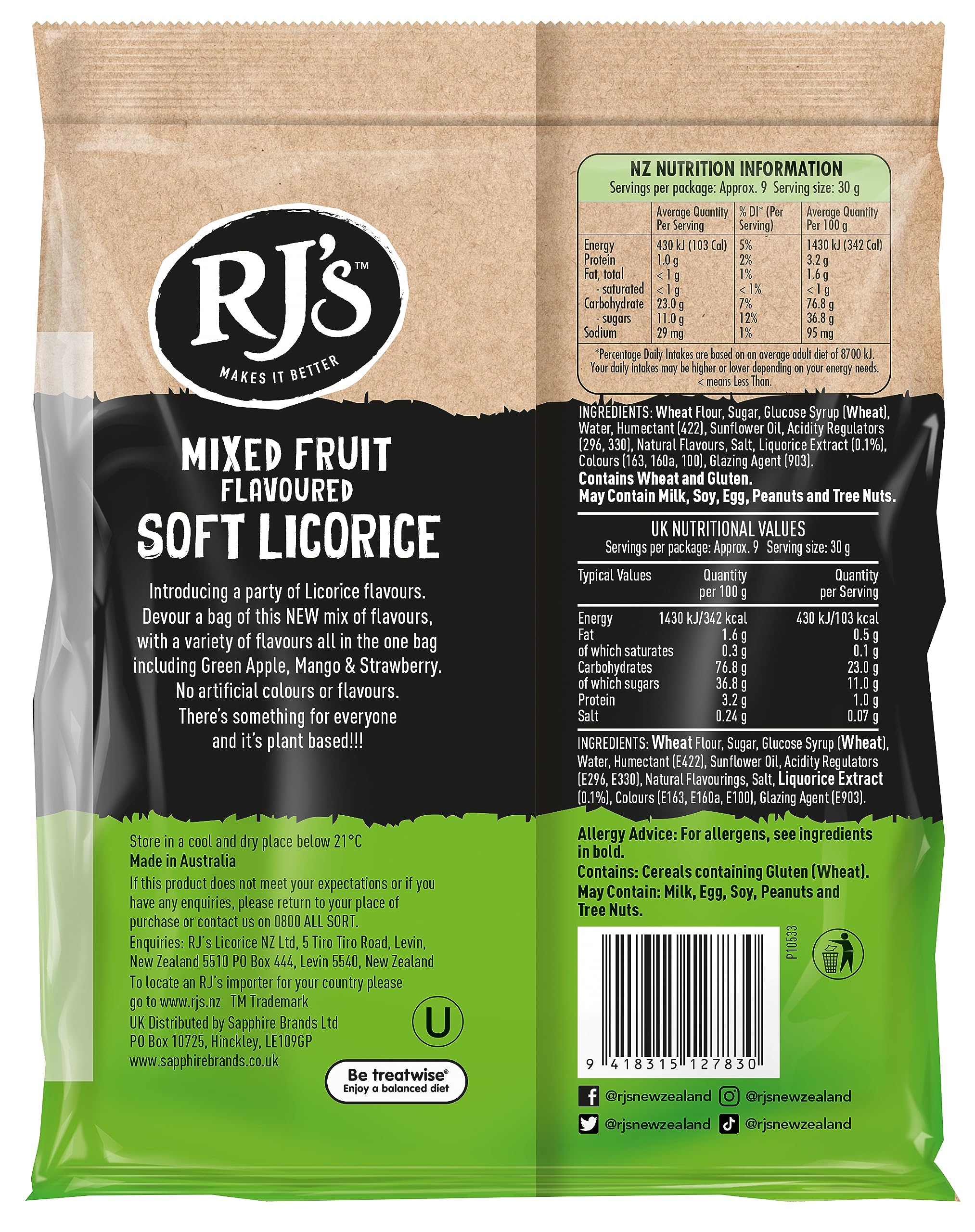 Rj's Licorice Mixed Fruit Flavoured Soft Eating Licorice | 280g Bag | Vegetarian