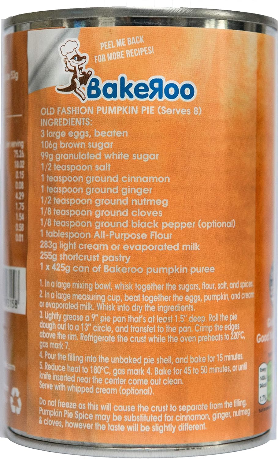 Bakeroo Tinned Pumpkin Puree (Pumpkin Pie Filling), 100% Natural - Pack of 3, 425g Each