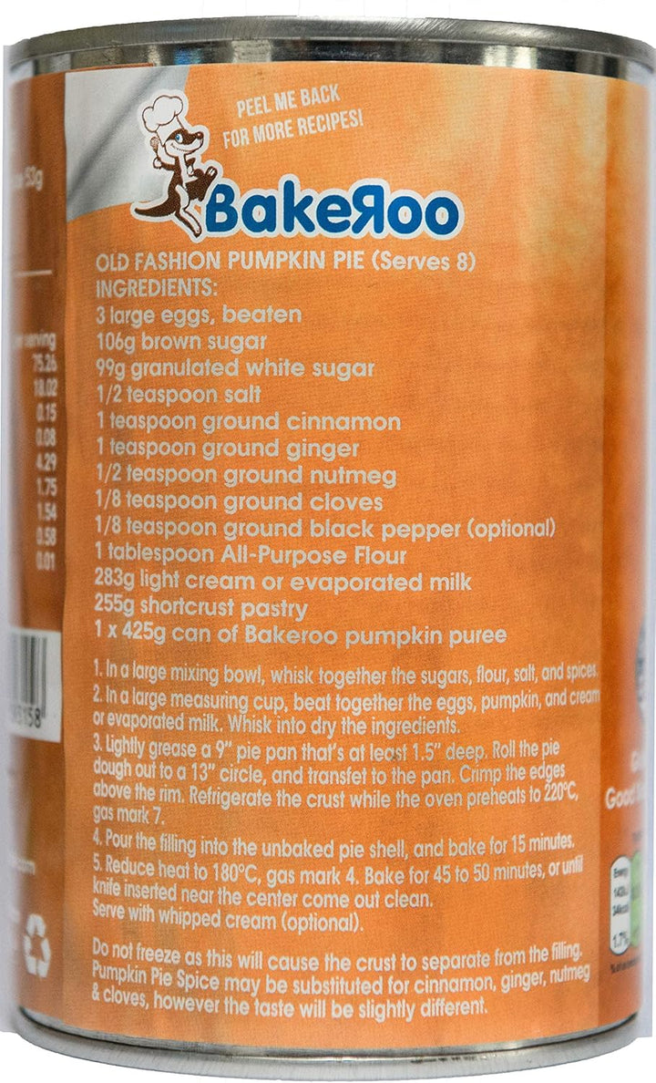 Bakeroo Tinned Pumpkin Puree (Pumpkin Pie Filling), 100% Natural - Pack of 3, 425g Each