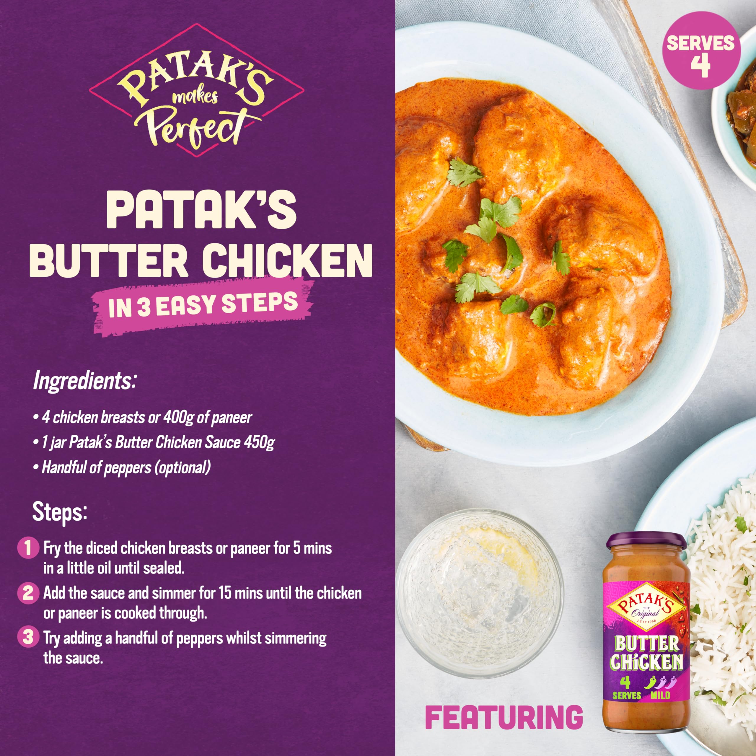 Patak's Butter Chicken Curry Sauce - Mild Spice, Serves 4 | 450g 2