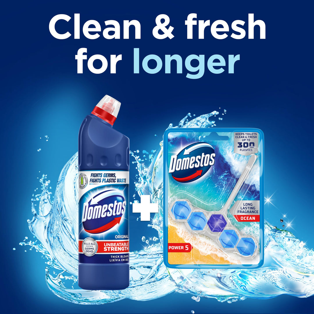 Domestos Power 5 Ocean Toilet Rim Block - Long-Lasting Toilet Freshener for Up to 300 Flushes