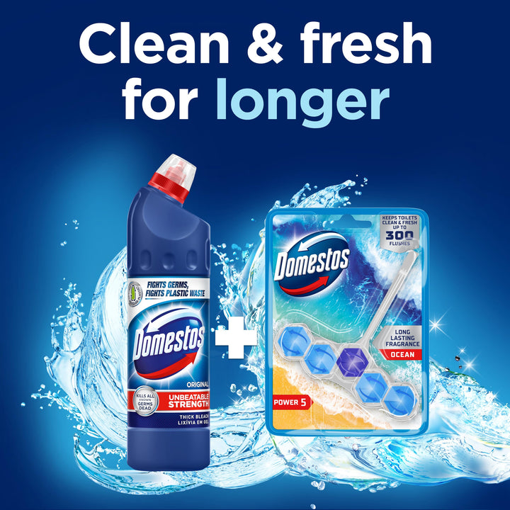 Domestos Power 5 Ocean Toilet Rim Block - Long-Lasting Toilet Freshener for Up to 300 Flushes