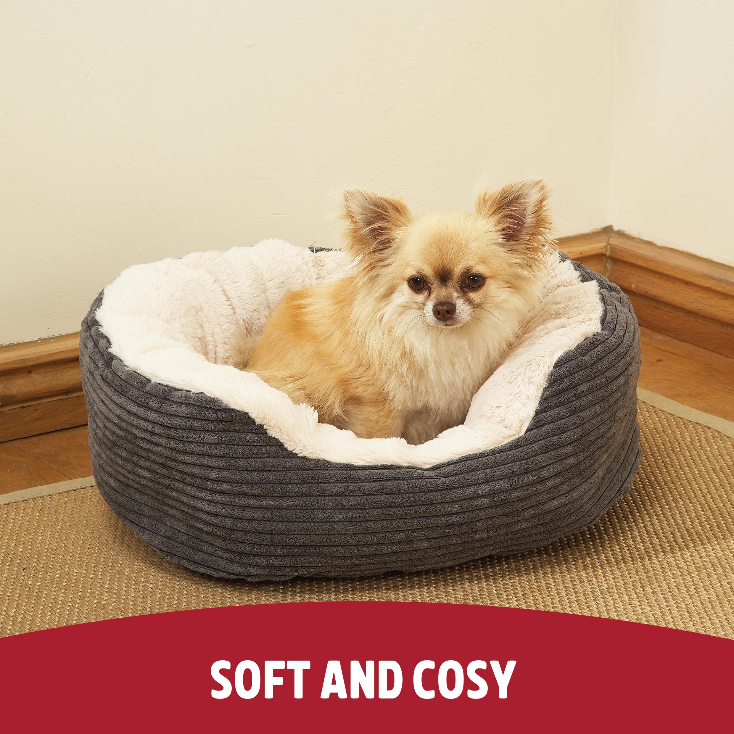 Rosewood Jumbo Cord Plush Dog Bed - Small, 51x45cm, Washable Oval Pet Bed 2