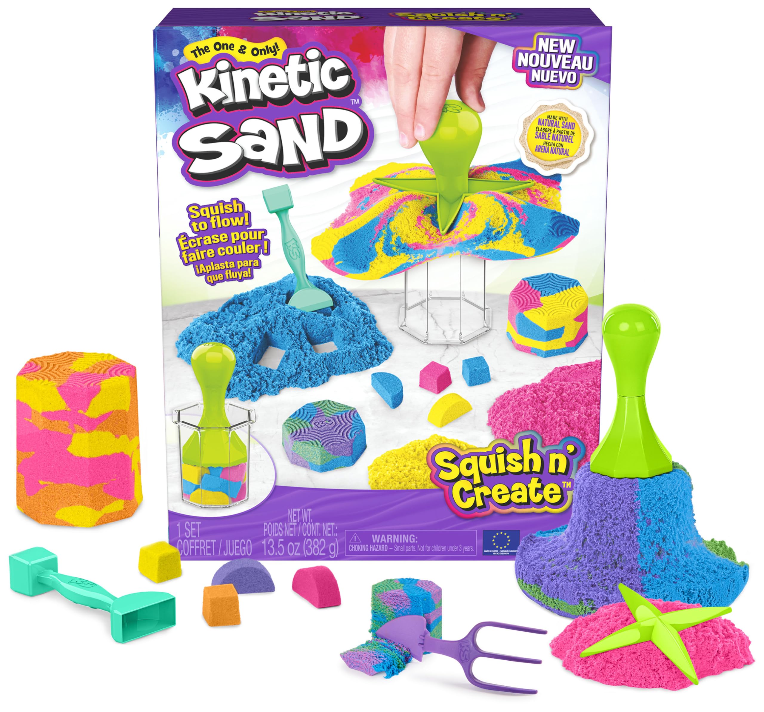 Kinetic Sand Squish N’ Create Playset - 382g Blue, Yellow, Pink Sand | 5 Tools | Ages 3+ 1