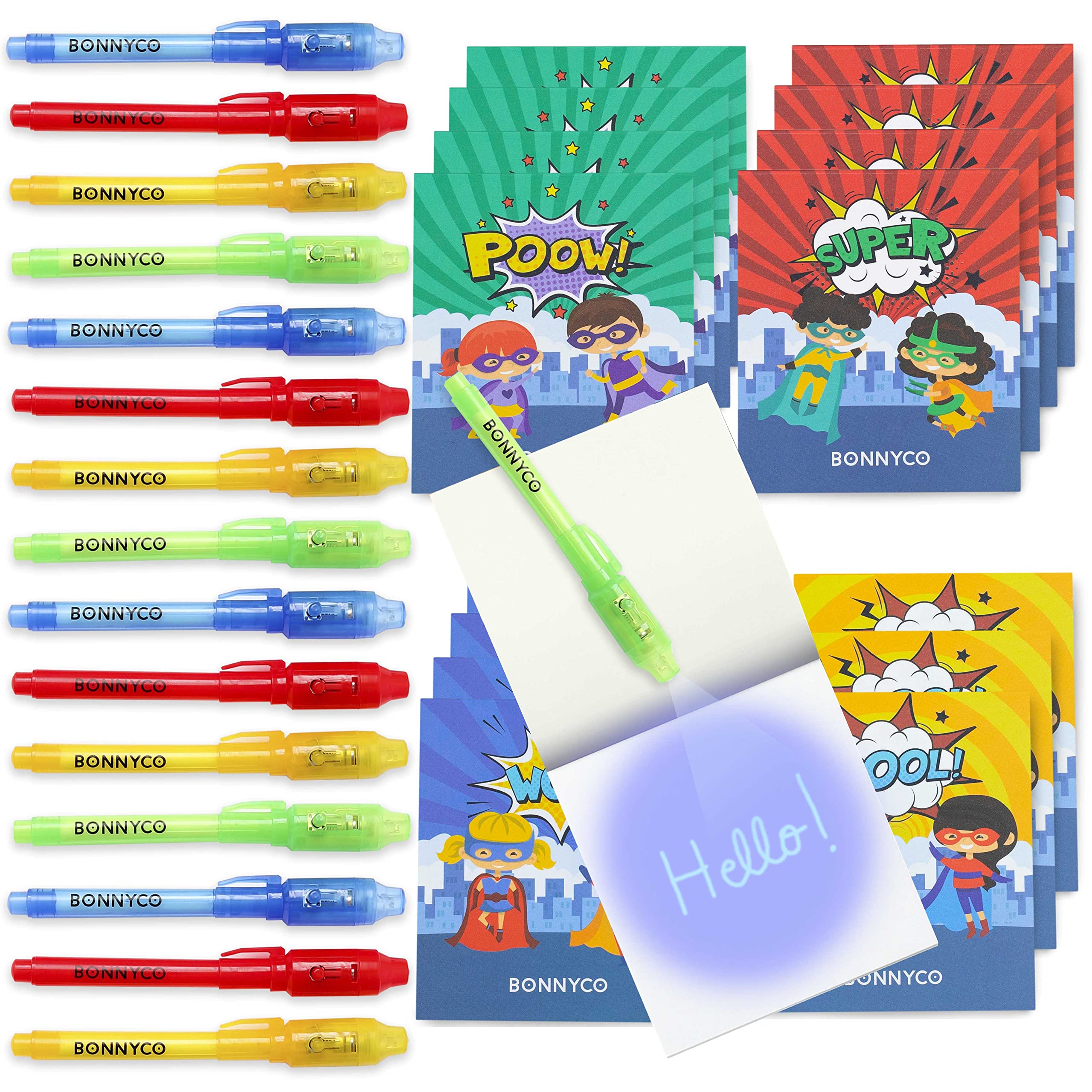 BONNYCO Invisible Ink Pen and Notebook - 16 Pack Superhero Party Favors | UV Light Included