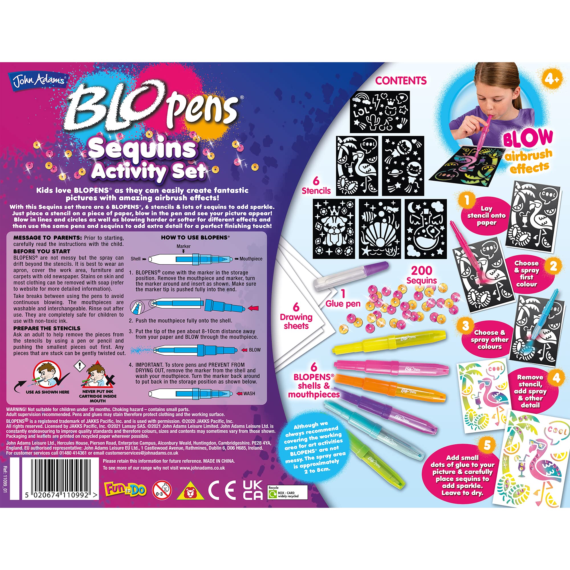 John Adams BLOPENS Sequins Activity Set - Airbrush Art Kit | Includes Sequins & Stencils | Ages 4+ 4