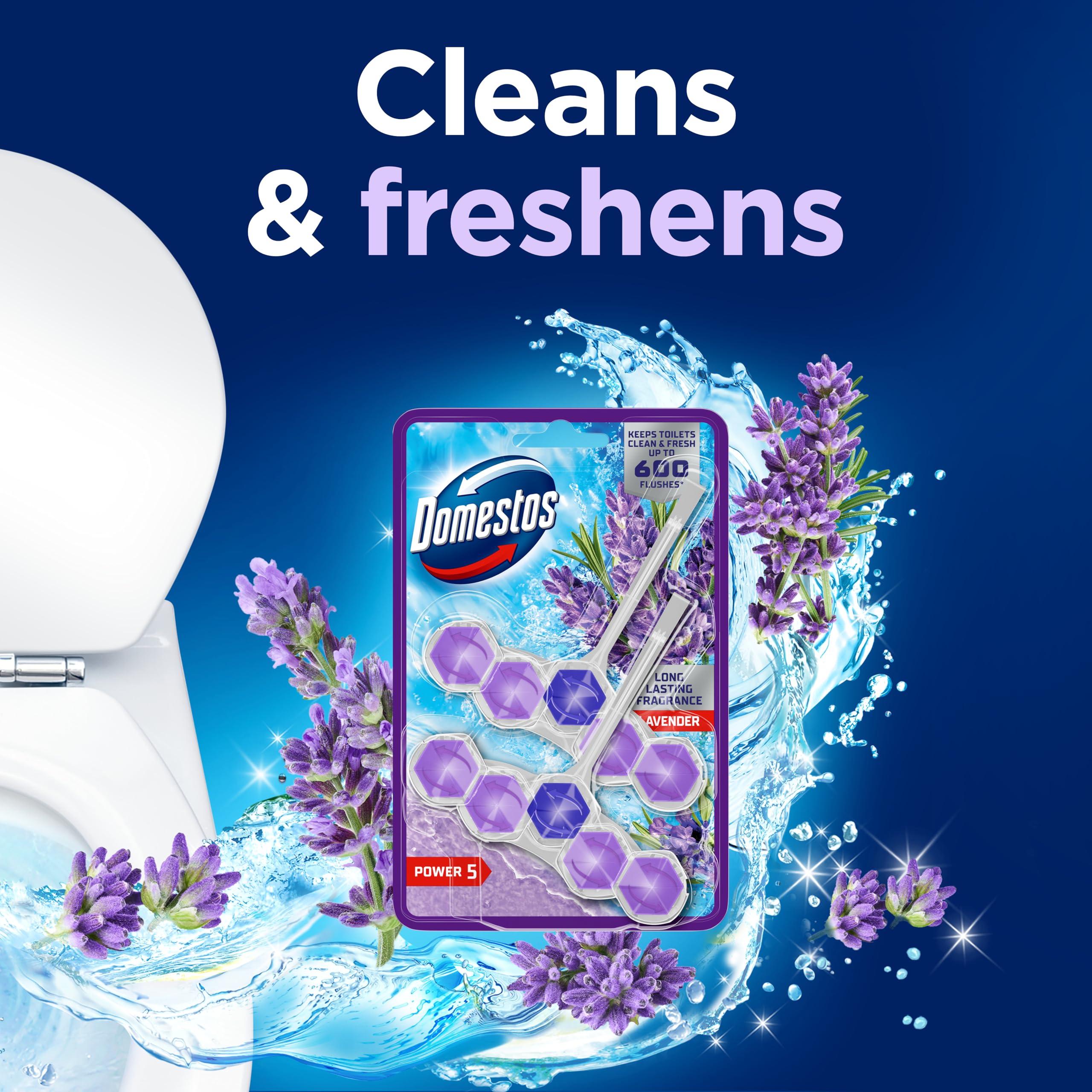 Domestos Power 5 Lavender Toilet Rim Blocks - 2 Count (50g Each) | 300 Flushes 7