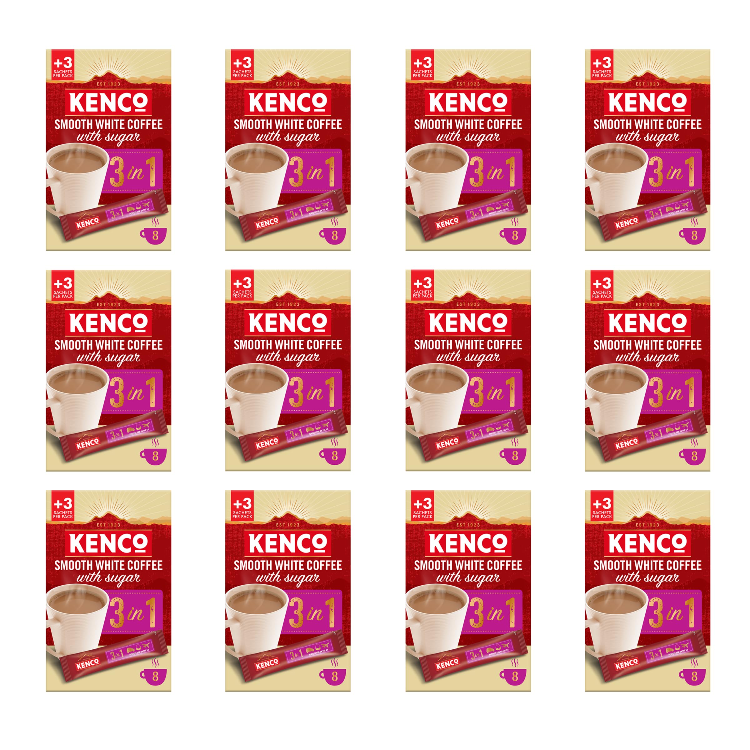 Kenco 3 in 1 Smooth White Instant Coffee with Sugar Sachets - 8 Count, Pack of 12