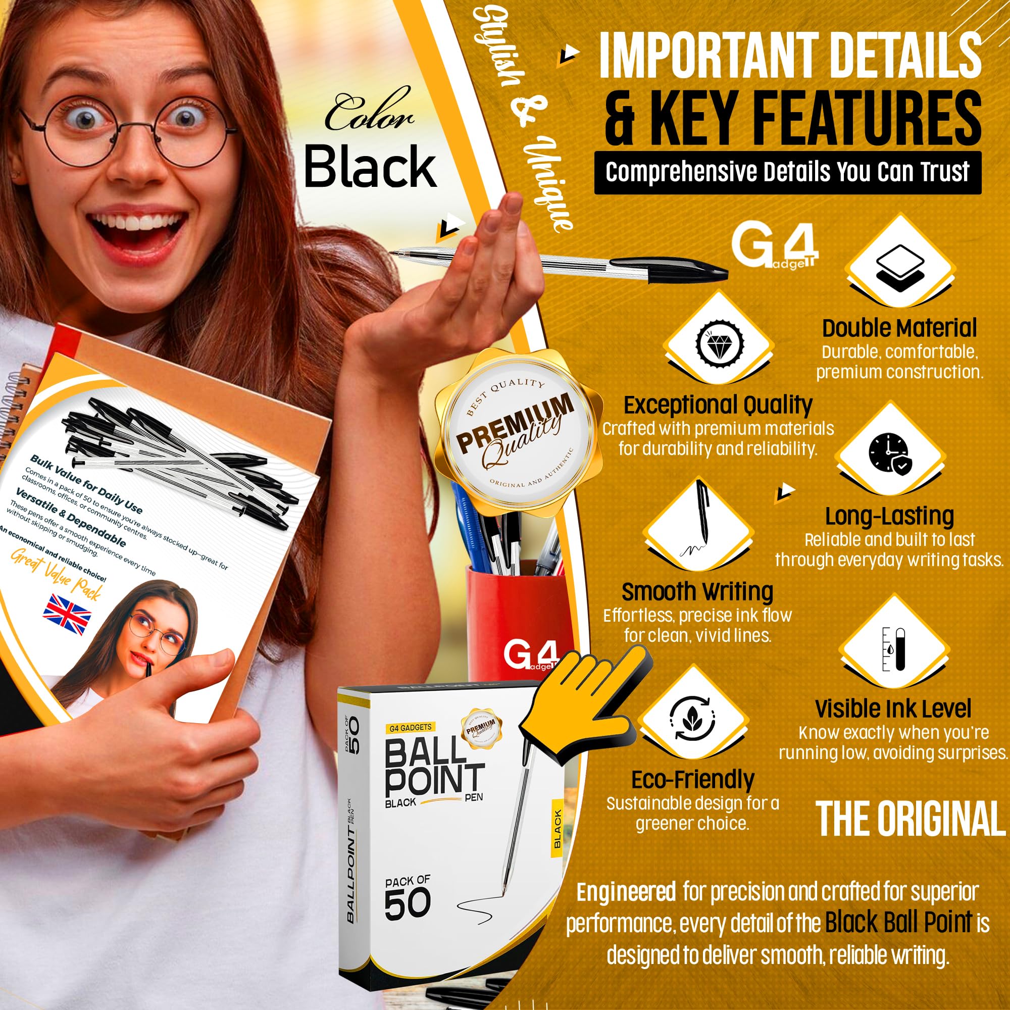 G4GADGET Pack of 50 Black Pens - Medium Tip Fluent Smooth Writing Black Bir 3