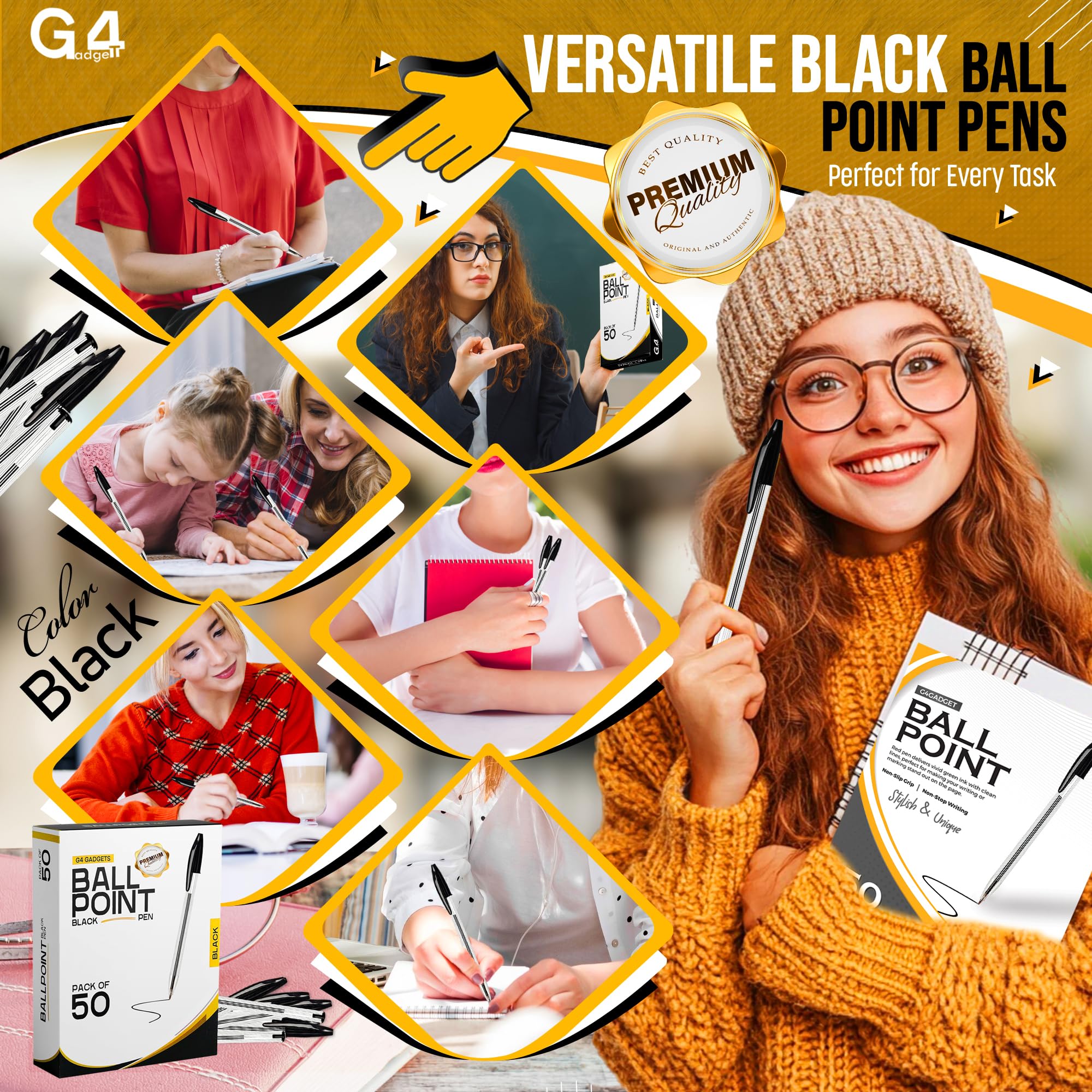 G4GADGET Pack of 50 Black Pens - Medium Tip Fluent Smooth Writing Black Bir 4