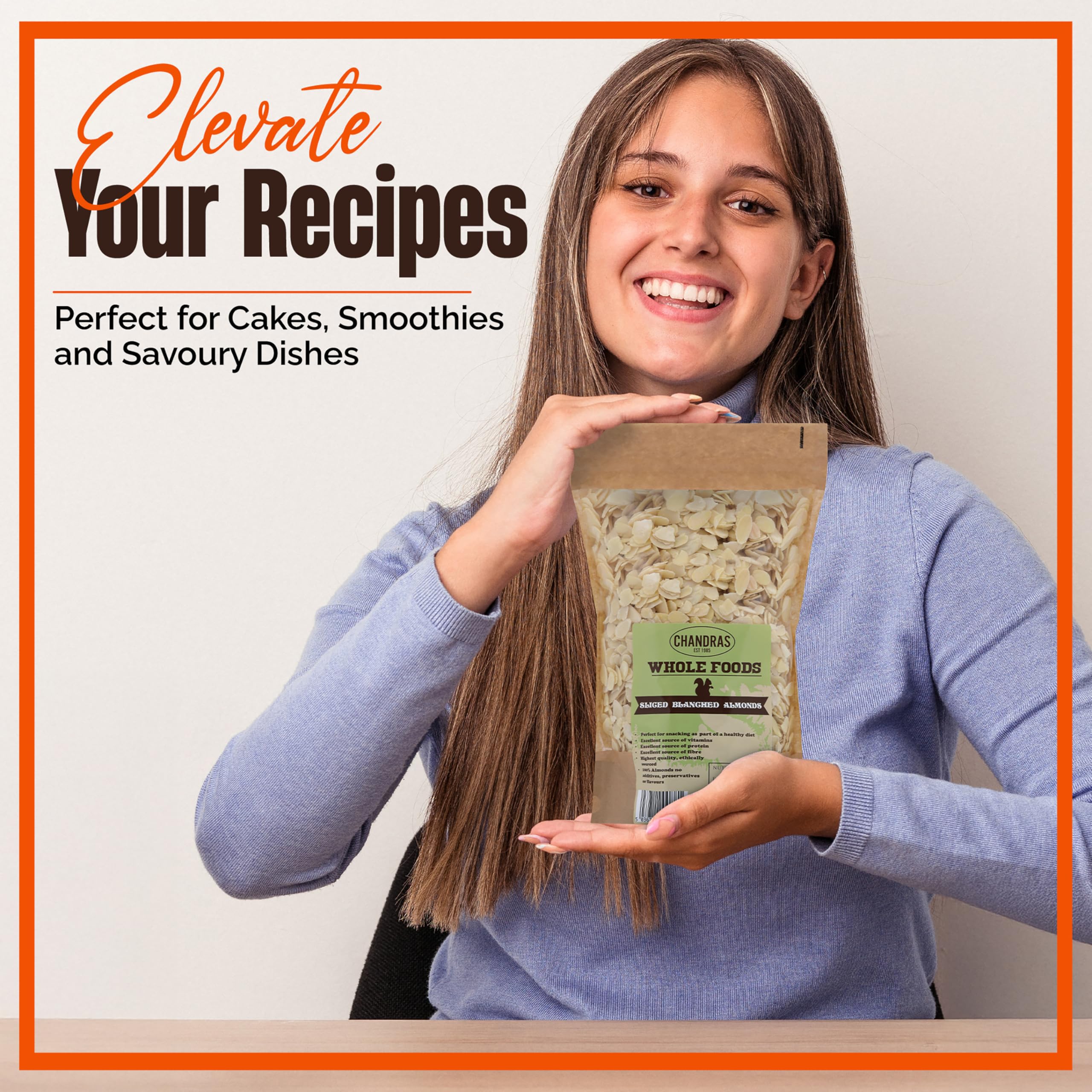 Chandra Whole Foods – Mandelflocken 1 kg – Blanchierte und geschnittene Mandelsplitter 7