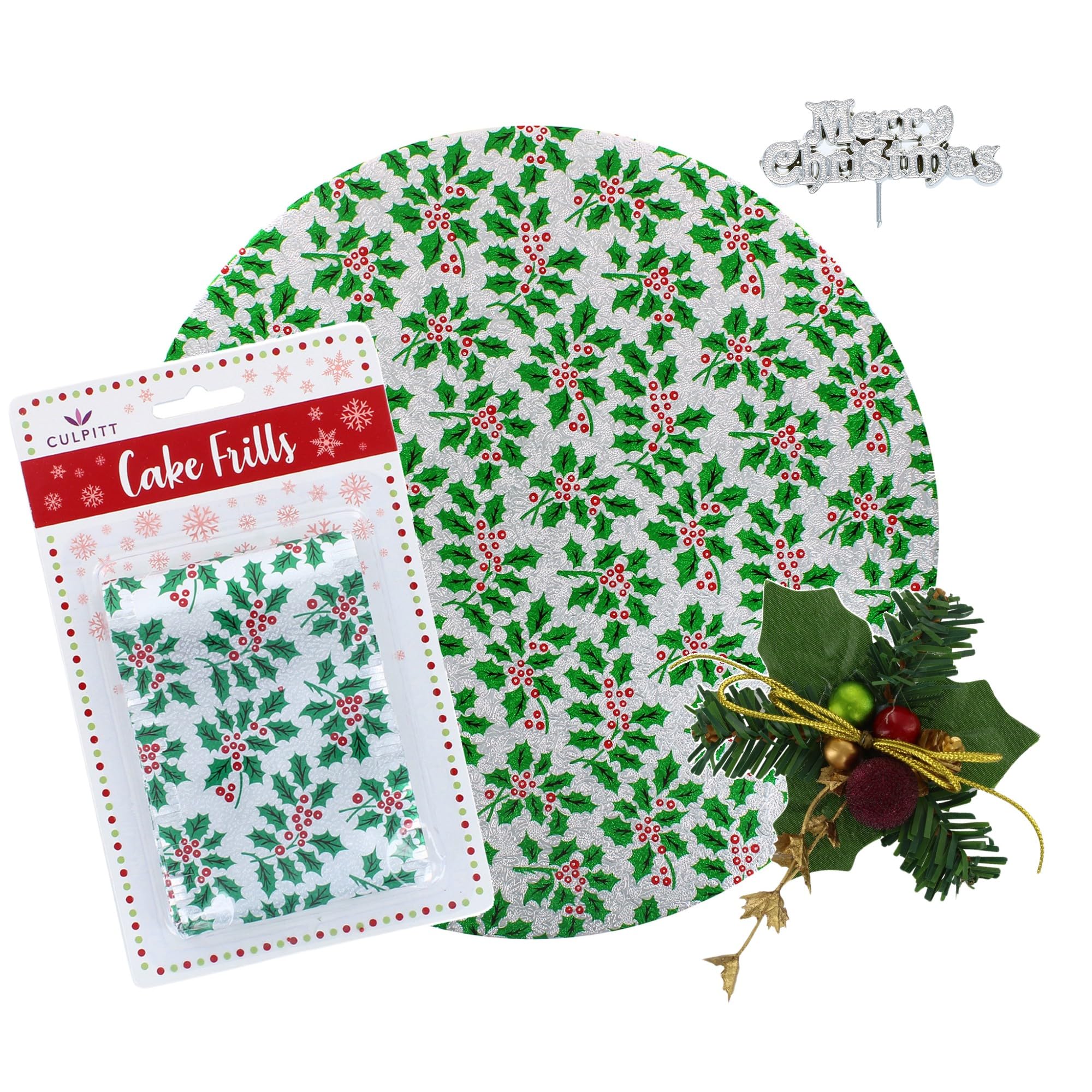 Culpitt - Holly Christmas Cake Kit with 10" Festive Cake Board & Silver Cake Frill 1