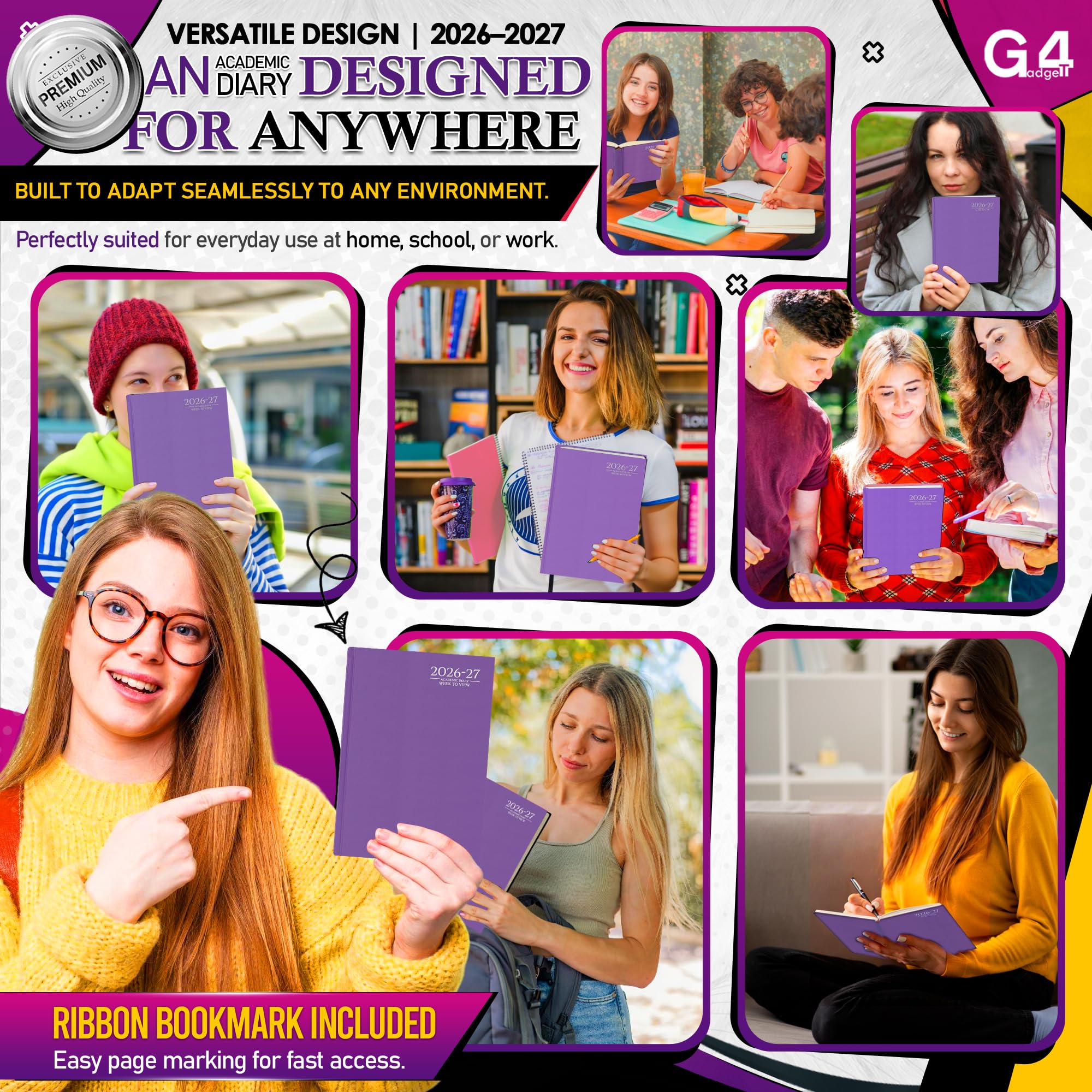 G4GADGET 2026-2027 Academic Diary - A4 Week To View Purple Hardback | August 2026 to July 2027 5
