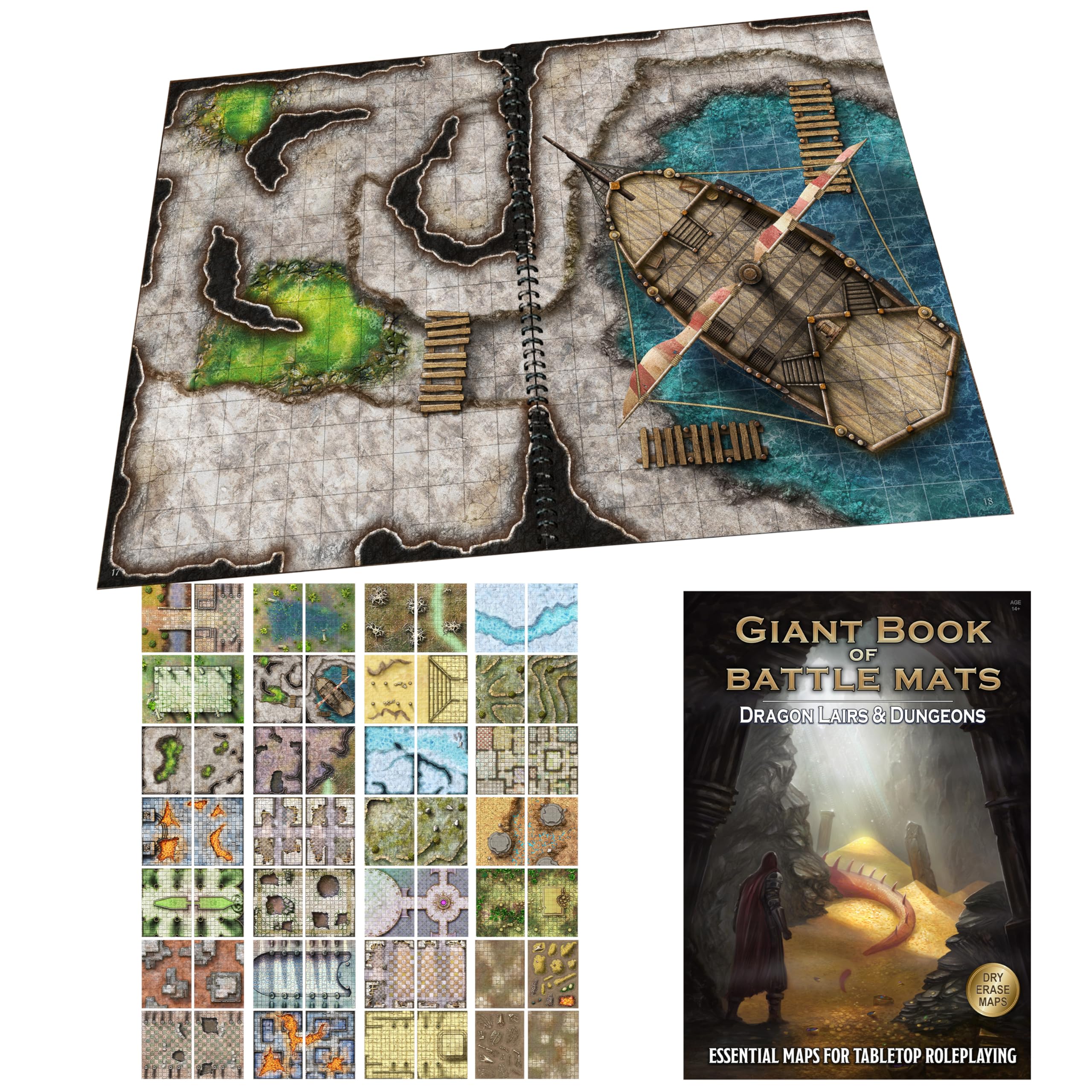 Loke BattleMats Dragon Lairs & Dungeons: Giant Book of Battle Mats | 62 Erasable Pages | Cardboard