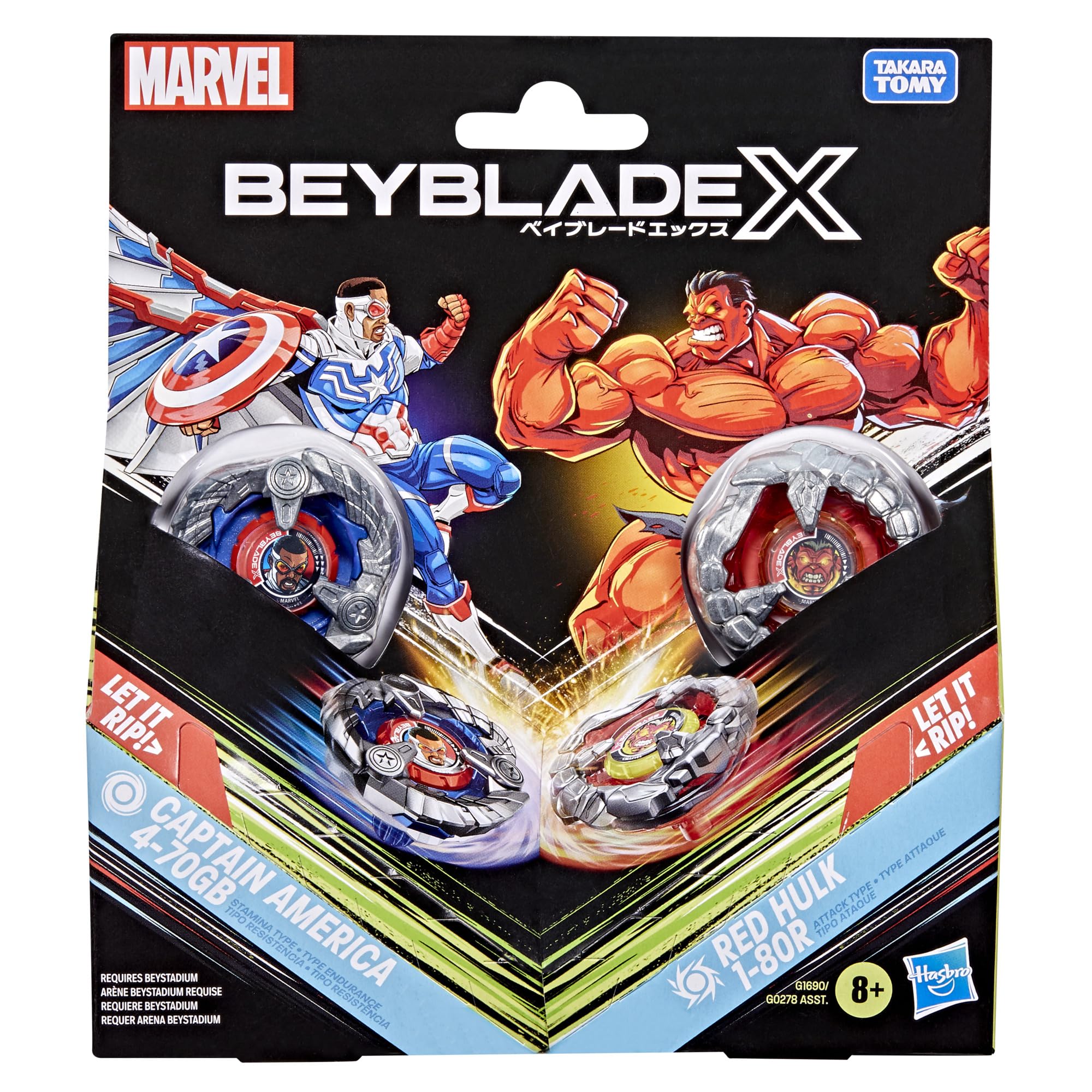 Beyblade Captain America 4-70GB vs Red Hulk 1-80R Marvel Collab Battling Tops Set 2