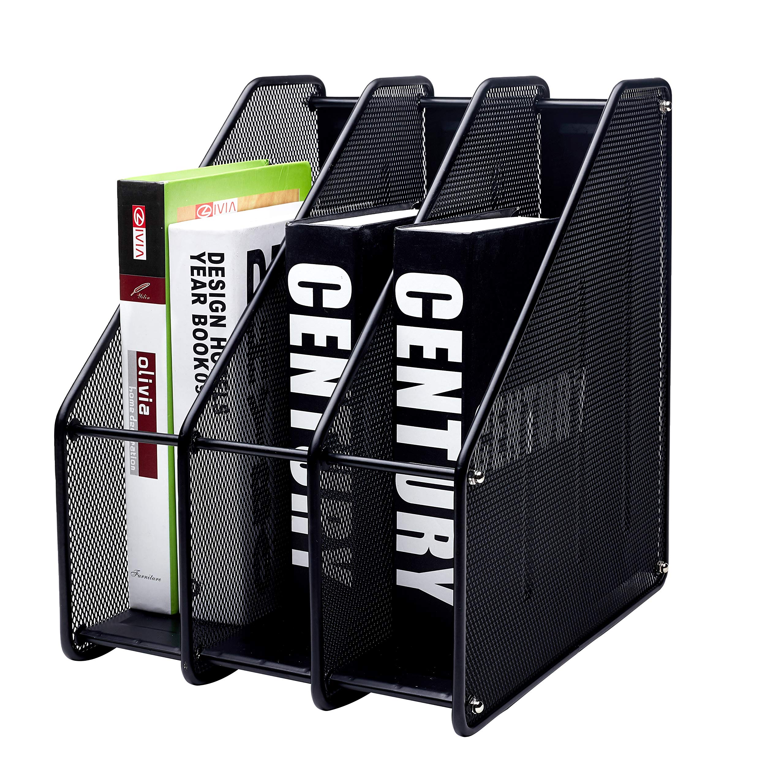 EXERZ Magazine Holder Triple Rack - 3 Compartments Vertical Mesh Metal for A4 Files | Black Iron