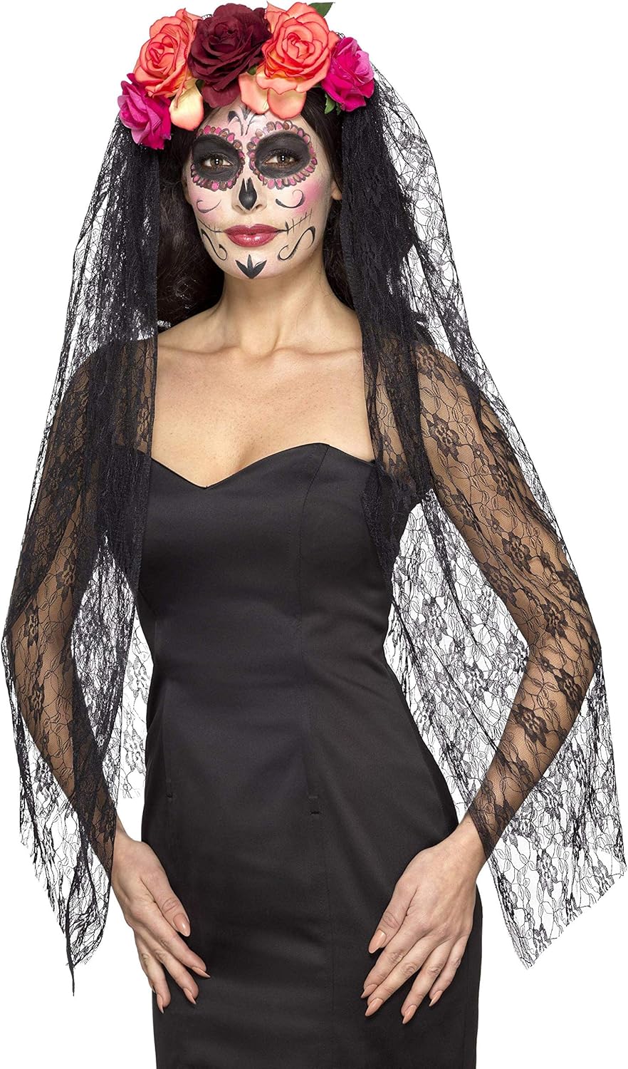 Smiffys Day of the Dead Deluxe Headband, Red & Black with Roses & Veil 1