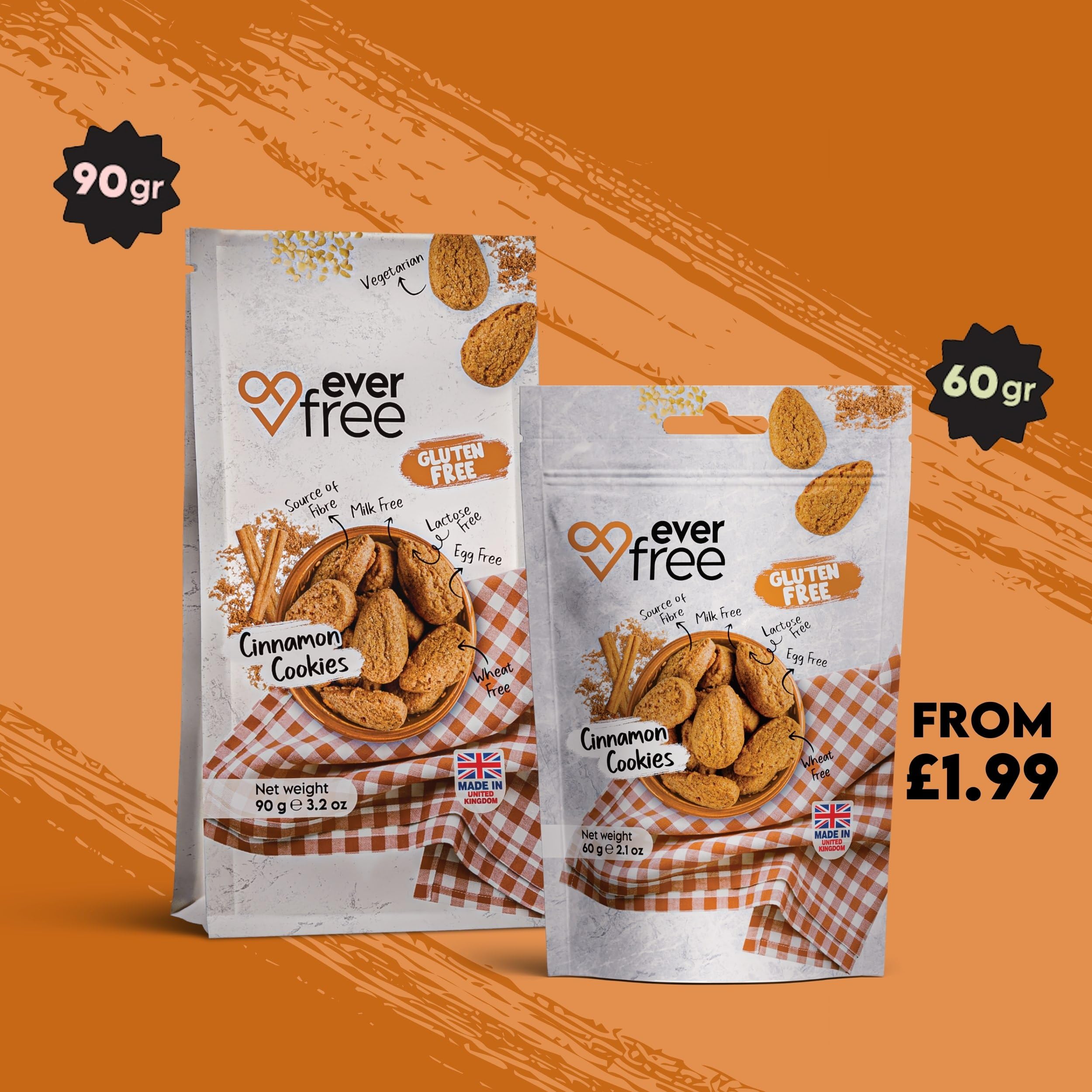 EverFree Gluten-Free Cinnamon Cookies - Vegan, High Fibre | 90g Pack 3