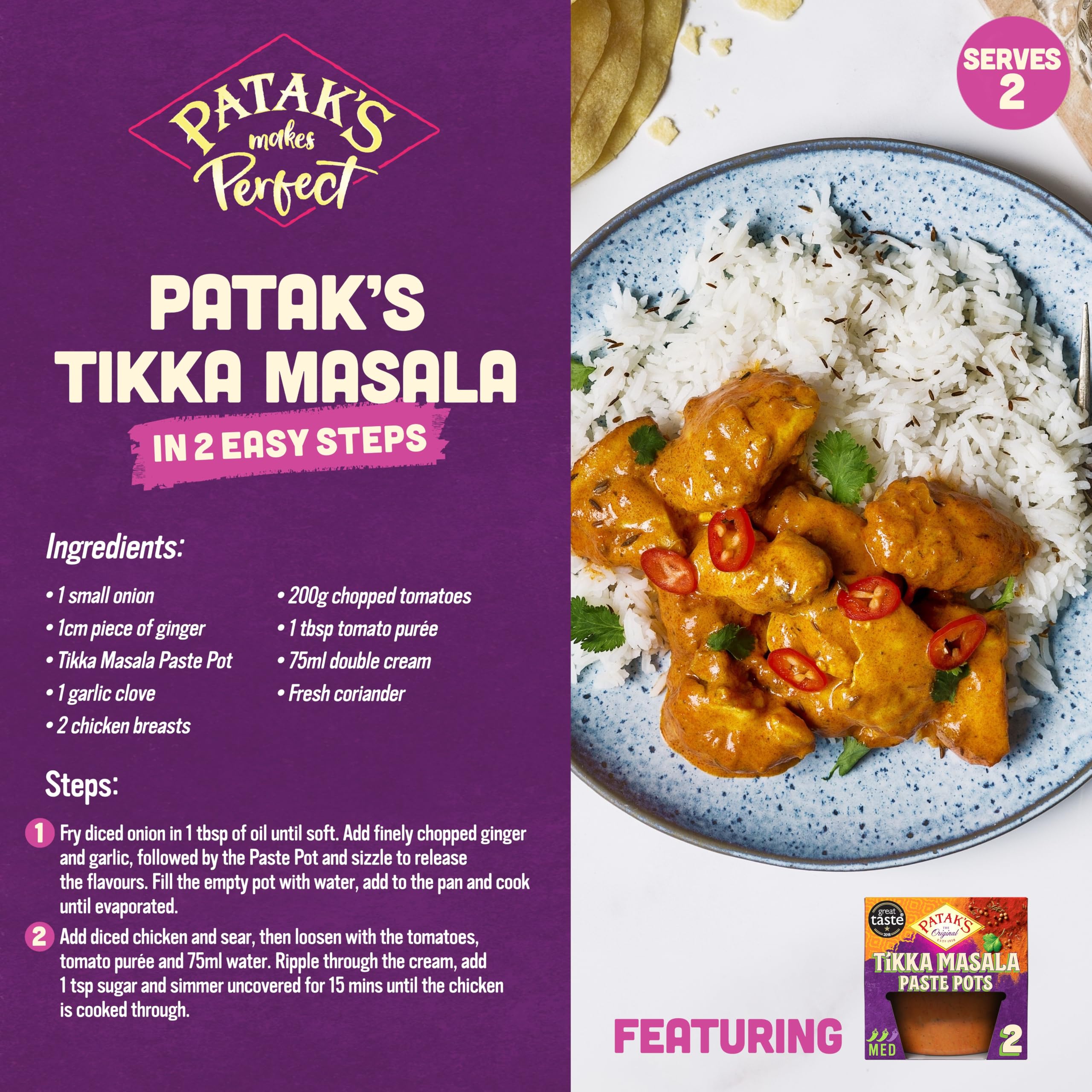 Patak's Tikka Masala Paste Pots - Medium Spice, Gluten Free, Vegan | 2 Pack (140g Total)