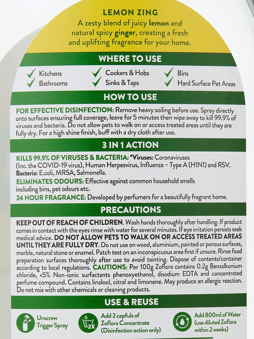 Zoflora Lemon Zing Multipurpose Disinfectant Spray, 800ml Antibacterial Multi-Surface Cleaner
