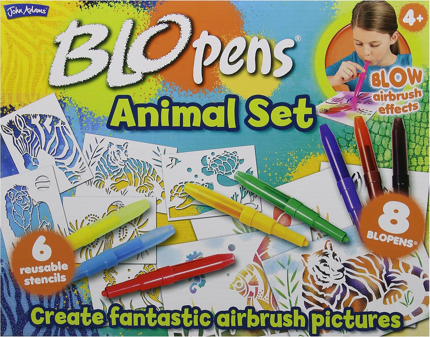 John Adams BLOPENS Animal Activity Set - 8 Colors & 6 Reusable Stencils for Airbrush Drawing 1