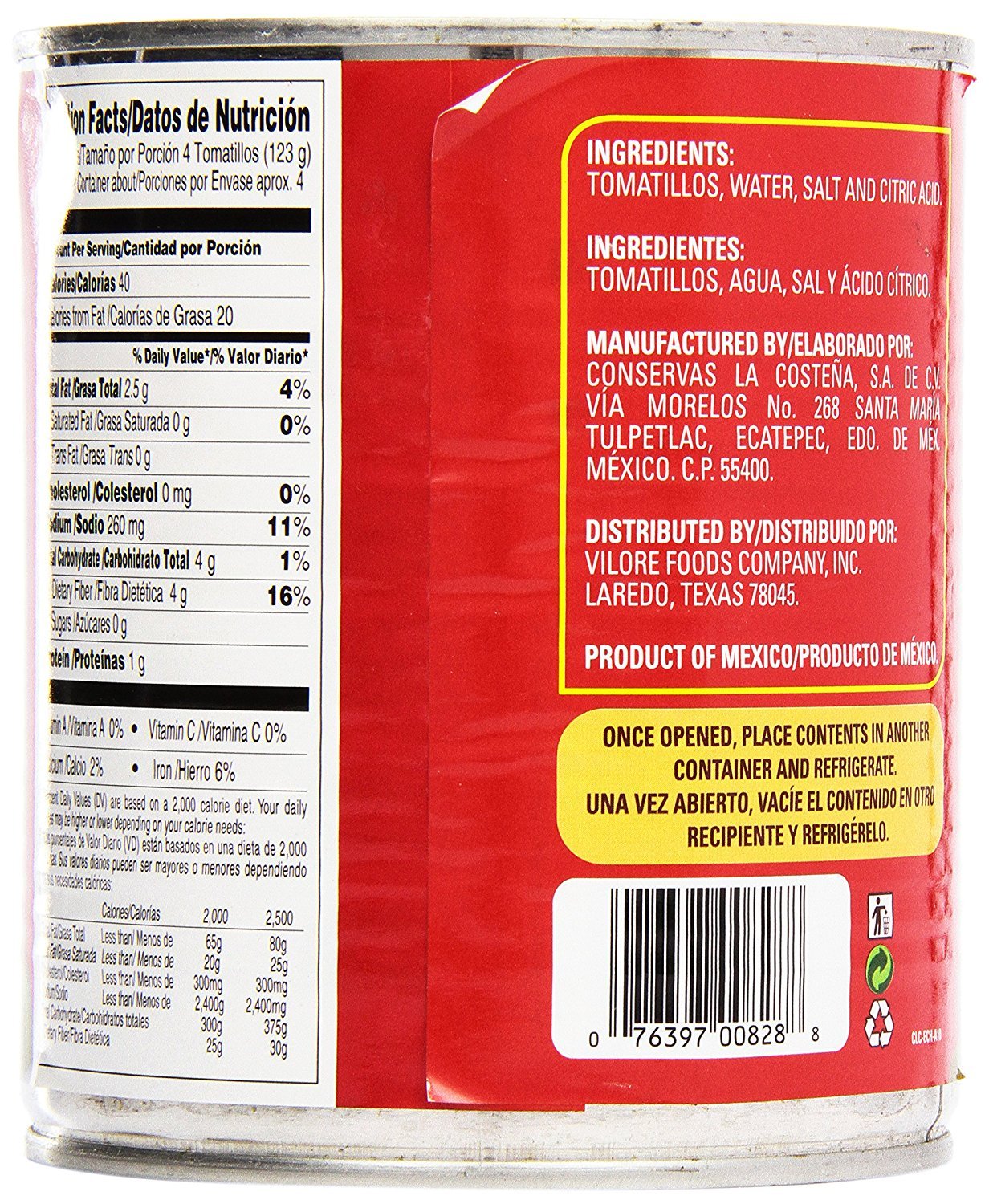 La Costena Tomatillos 794g - Whole Cooked Tomatillos in Water with Citric Acid 10