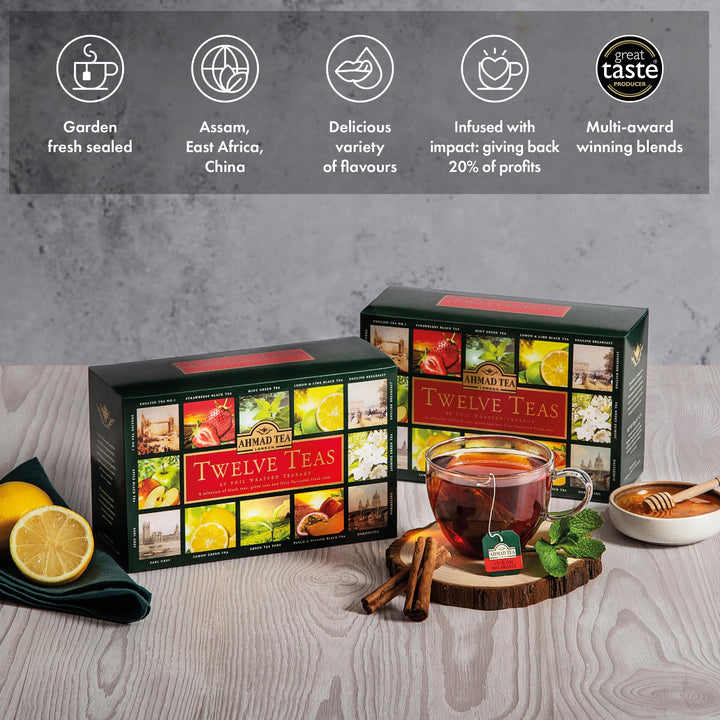 Ahmad Tea Twelve Teas Collection - 60 Tea Bags with Black, Green & Fruit Flavoured Teas